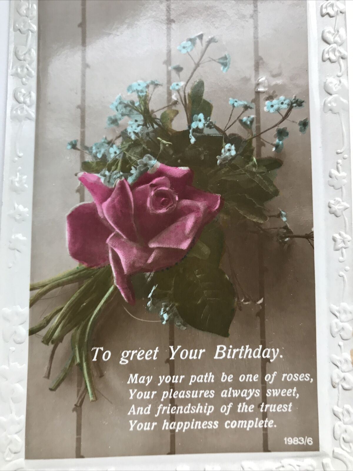 Antique Or Vintage Birthday Greetings Postcard Pink Roses Forget-me-nots Poem