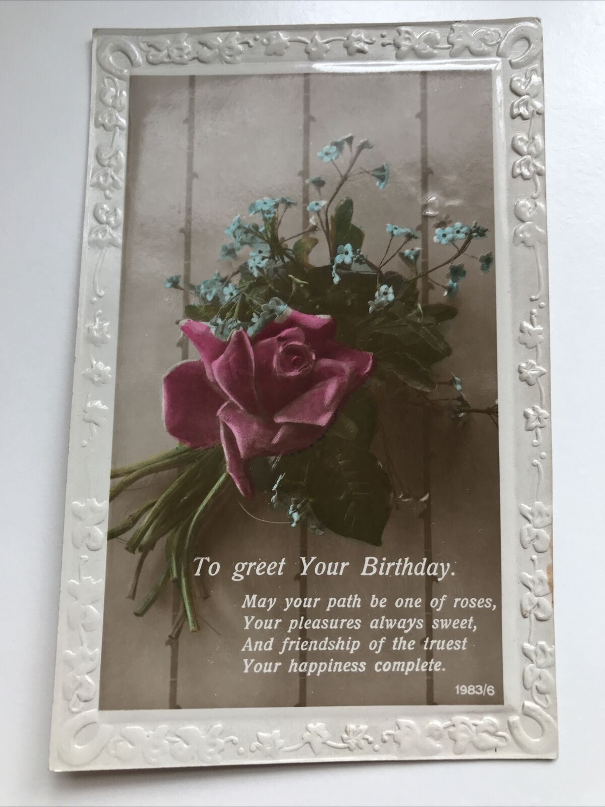 Antique Or Vintage Birthday Greetings Postcard Pink Roses Forget-me-nots Poem