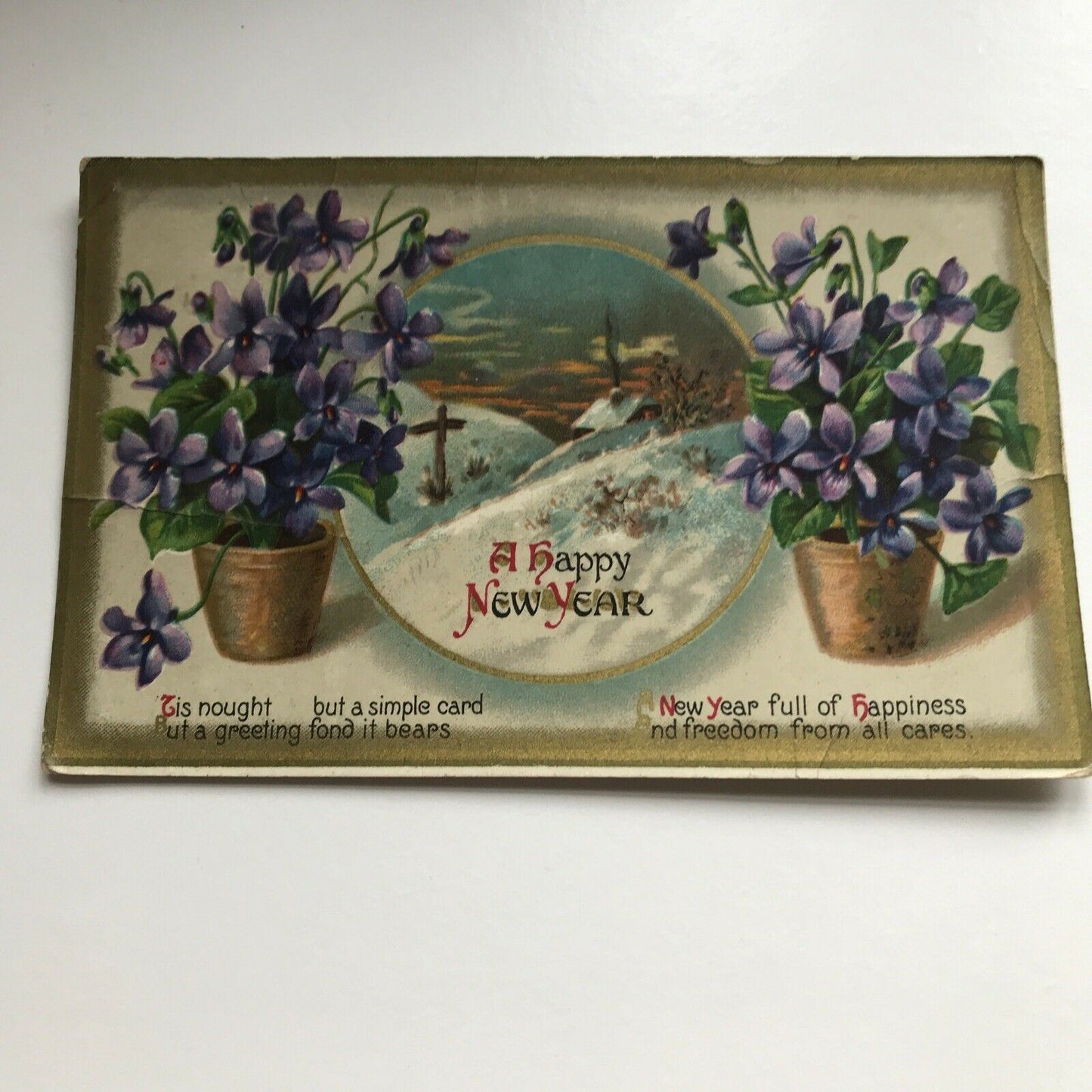 ANTIQUE Greetings Postcard HAPPY NEW YEAR Poem SNOWY SCENE FLOWERS 1912
