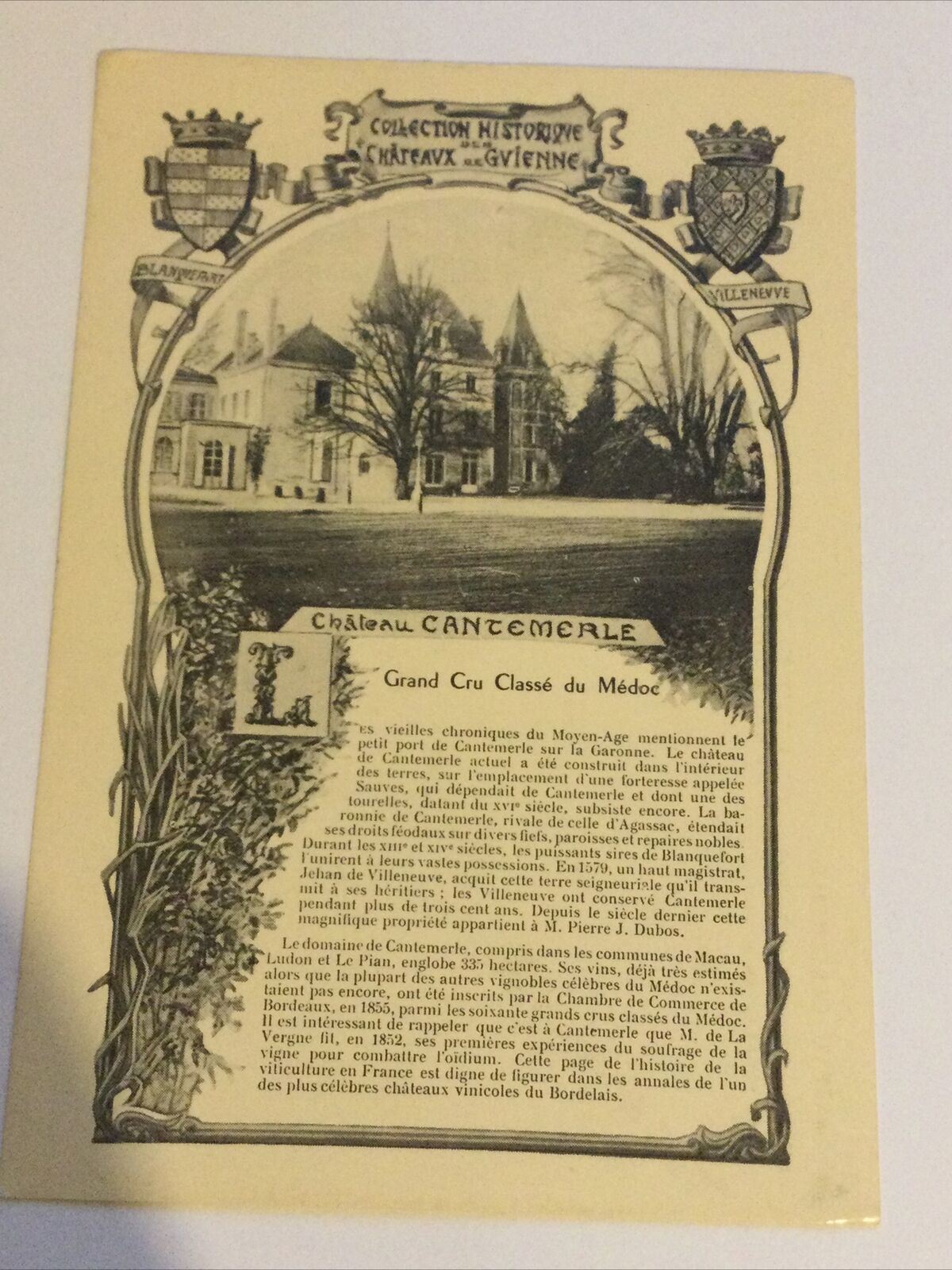 Vintage Sepia Postcard Chateau Cantemerle Picture And History In French. Unposted.