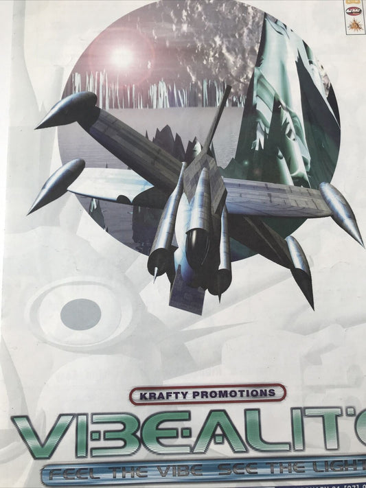 A vintage promotional flyer for an event called VIBEALITE featuring a graphic of a spaceship and a stylized design.