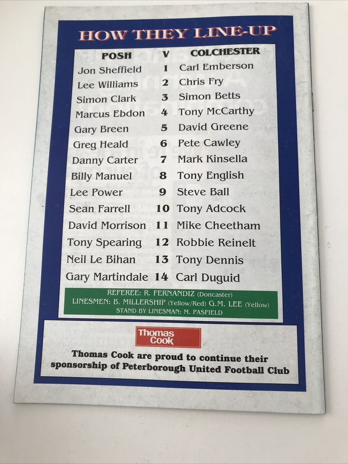 Vintage 90s Football Programme PETERBOROUGH UTD V COLCHESTER UTD 1996 1/4 Final