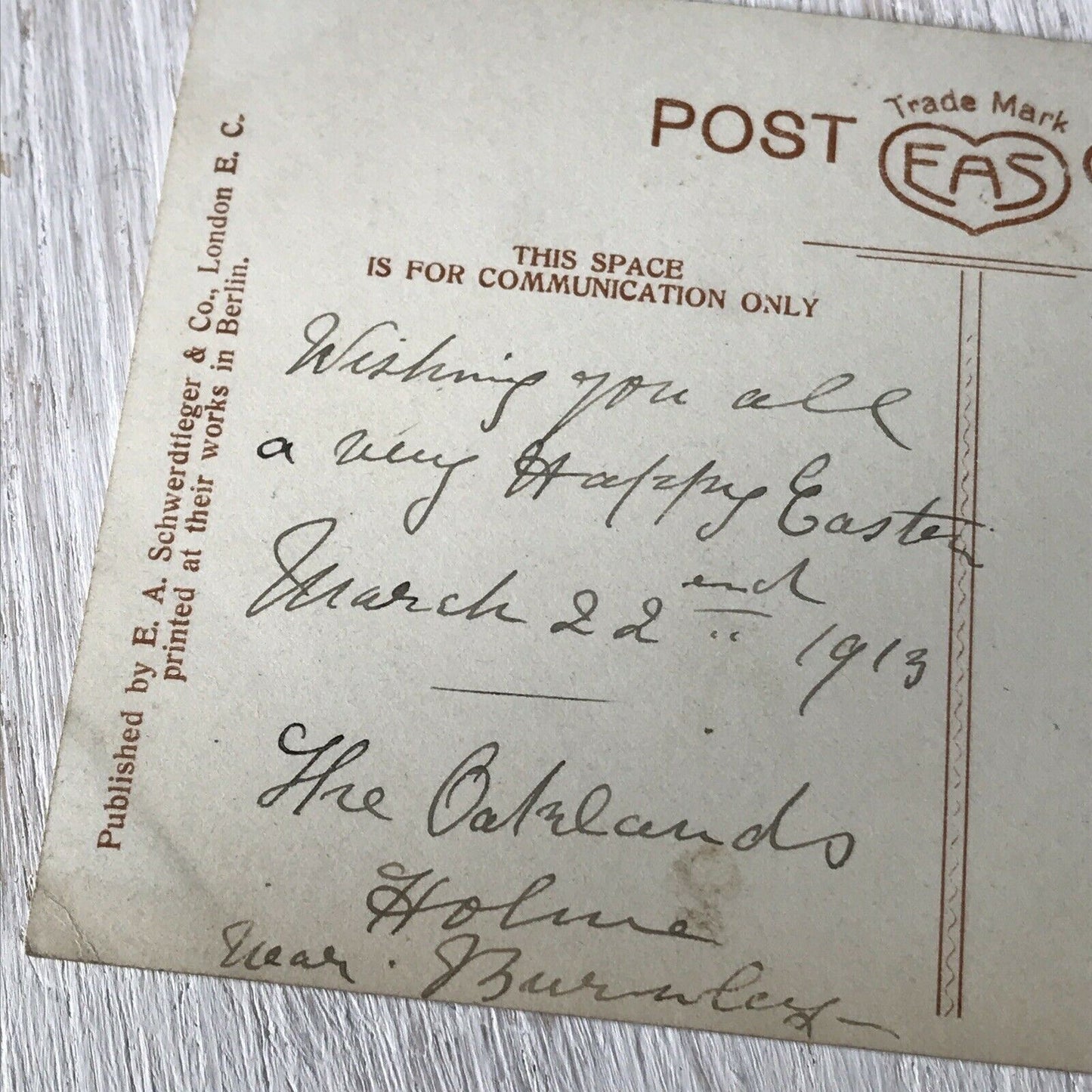 Vintage Antique EASTER Postcard Hand Tinted. Scenic Floral Sepia 1913 Schwerdtie