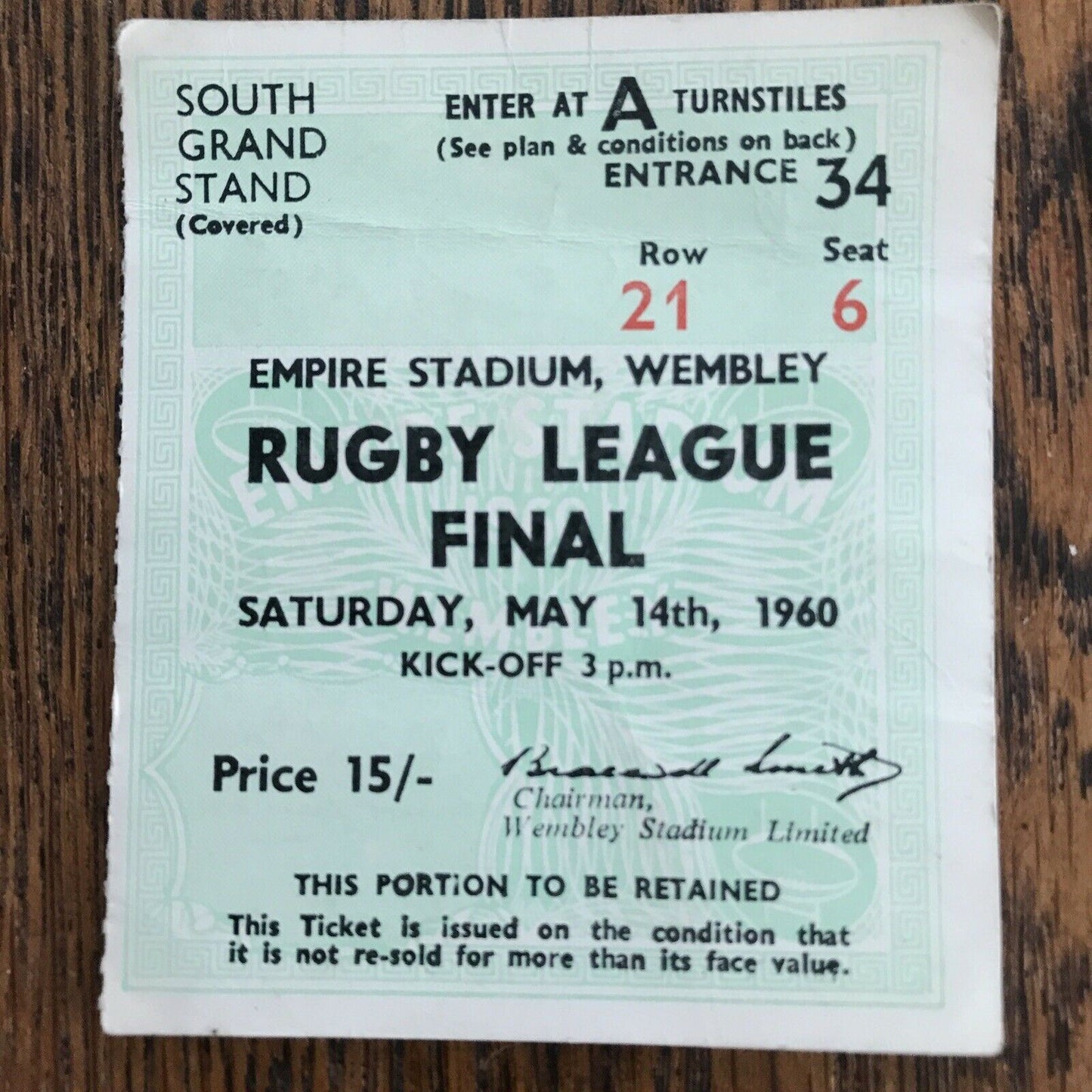 MATCH TICKET STUB : 1960 RUGBY LEAGUE FINAL ~ HULL v WAKEFIELD TRINITY WEMBLEY