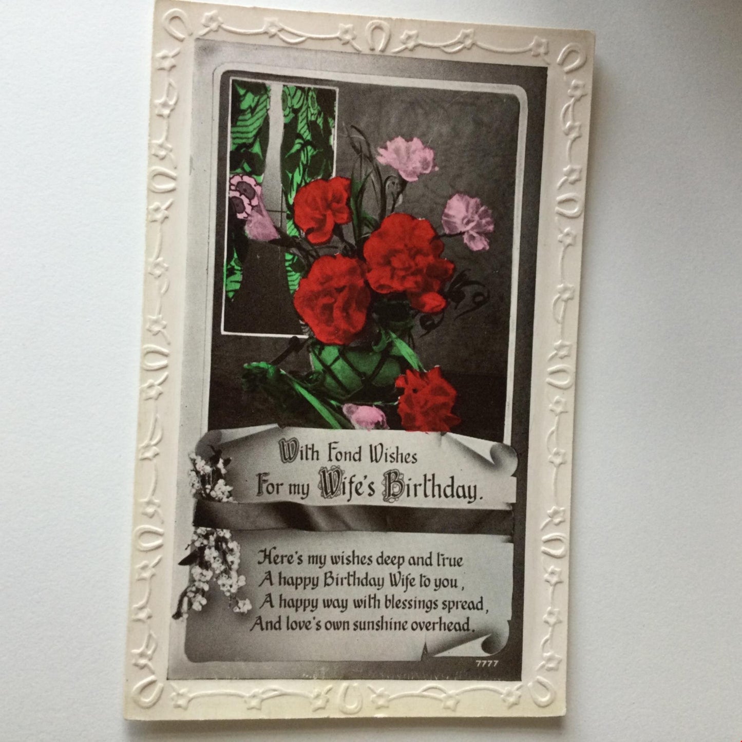 Vintage BIRTHDAY Greetings Postcard FOR MY WIFE’S BIRTHDAY Carnations flowers