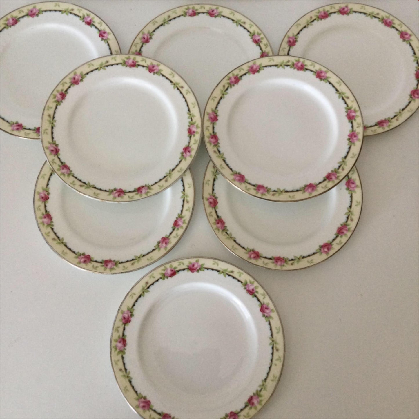 Set of 8 Vintage 18cm side plates Aynsley pink rose design yellow band A 3852