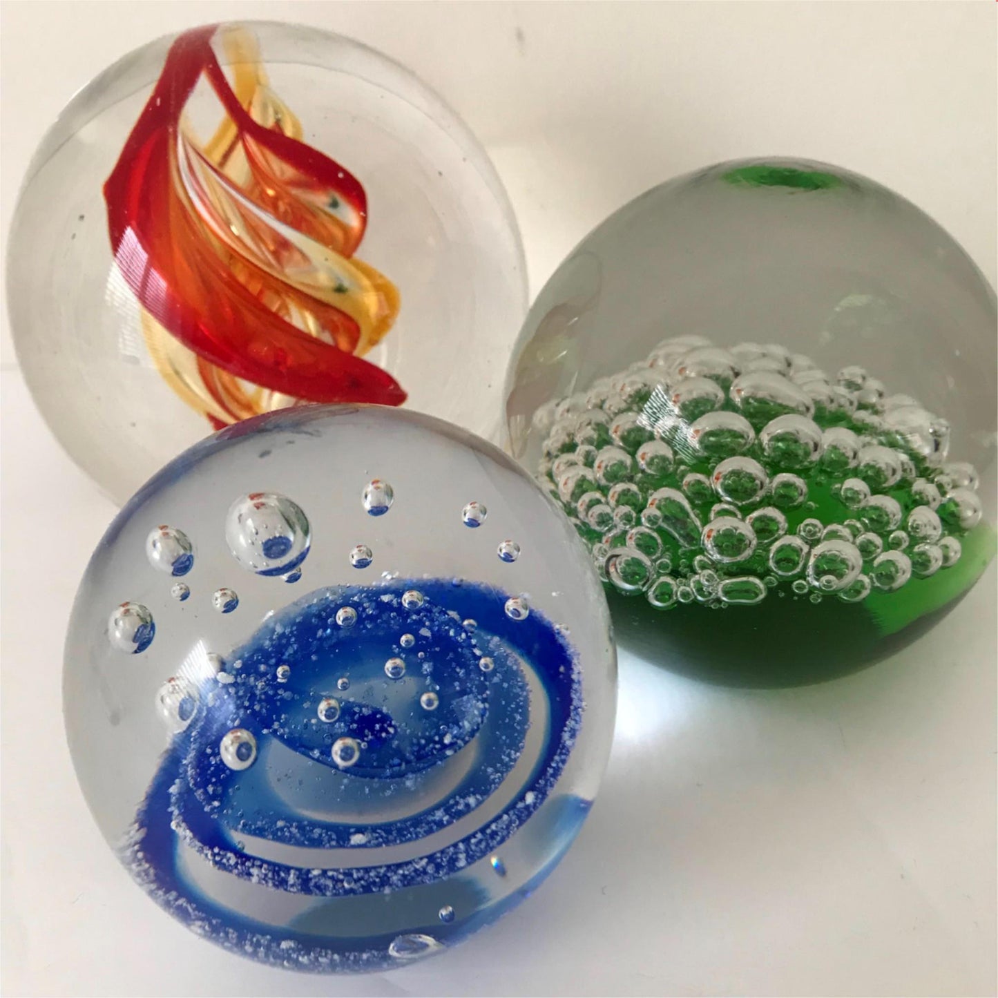 Set of 3 Paperweights - Red Green And Blue - Swirls And Bubbles - Small Medium And Large
