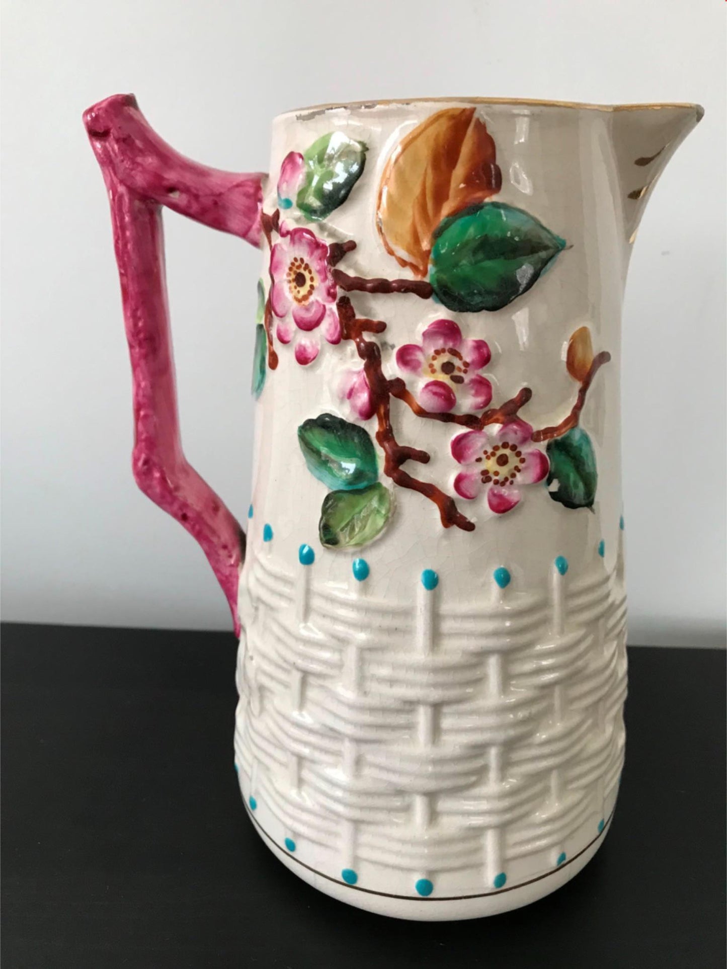 VINTAGE RETRO Pink floral Art Deco Style Jug Vase Pitcher Cherry blossom weave
