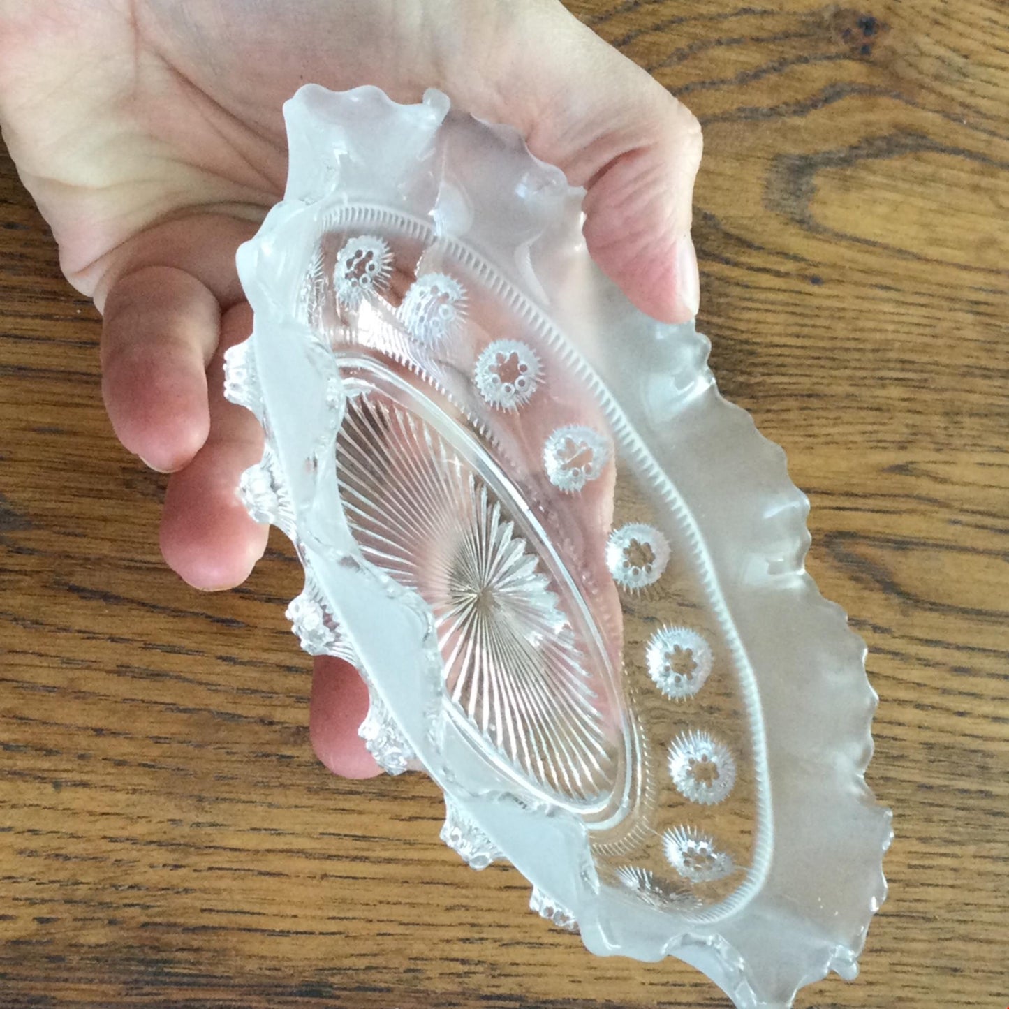 Vintage pressed glass trinket dish small bowl fluted edge, sand blasted