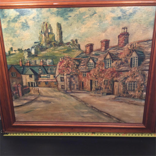 Original Goslin Oil Painting -  View of Corfe Castle From East St. - Greyhound Inn - Would Fit In Mid-Century Decor