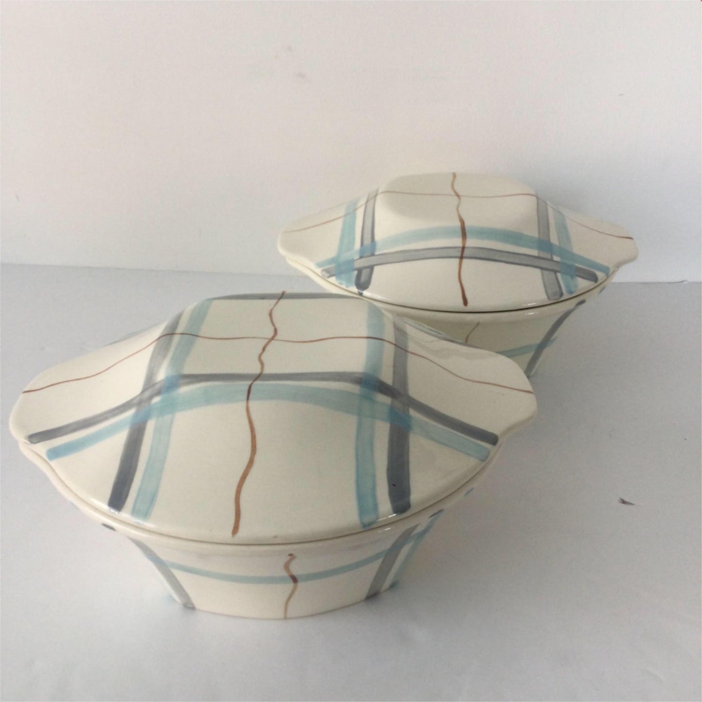 2 x Vintage Retro 1950s tureens. J & G Meakin Horizon blue grey stripes atomic mid century