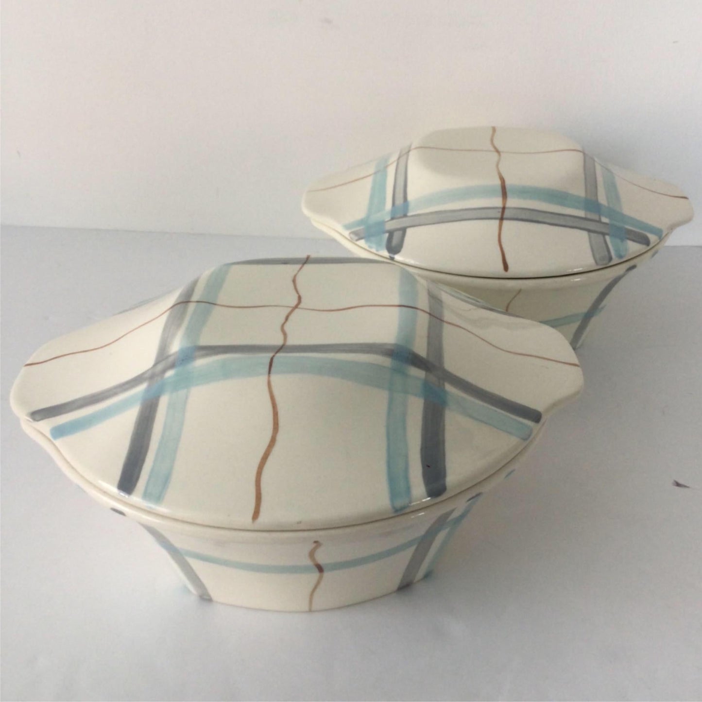 2 x Vintage Retro 1950s tureens. J & G Meakin Horizon blue grey stripes atomic mid century