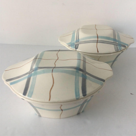 2 x Vintage Retro 1950s tureens. J & G Meakin Horizon blue grey stripes atomic mid century