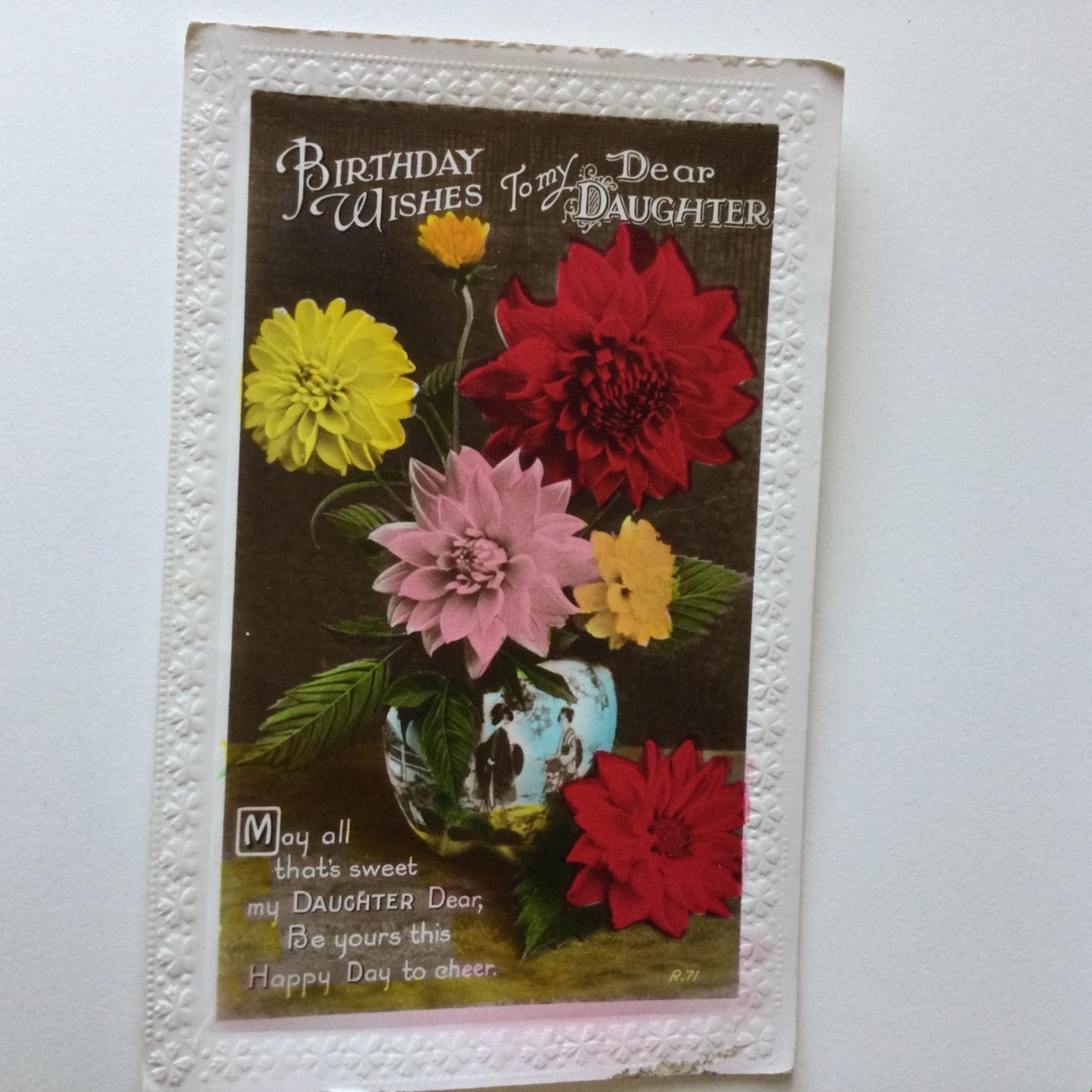 Vintage DAUGHTER BIRTHDAY Greetings Postcard colourful flowers hand tinted sepia