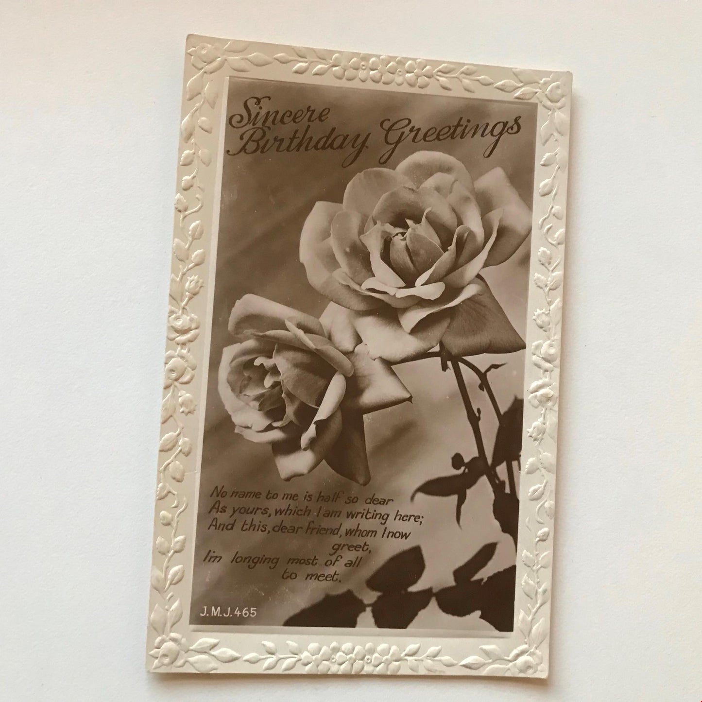 Vintage BIRTHDAY Greetings Postcard sepia photo roses friends nice poem embossed