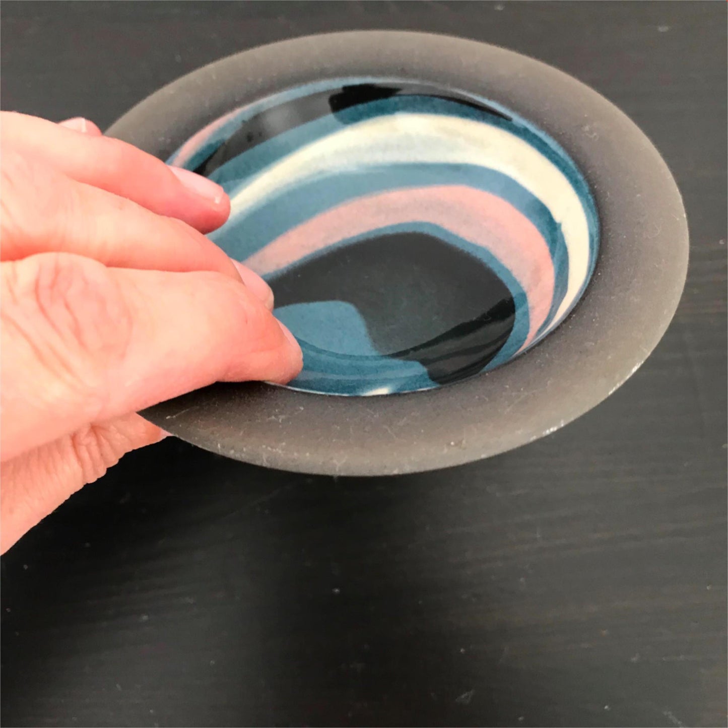 Earthenware trinket dish/ bowl. Jan Bainbridge-Perry. Bainbridge Island Pottery Eumundi. Swirl glaze blue pink brown