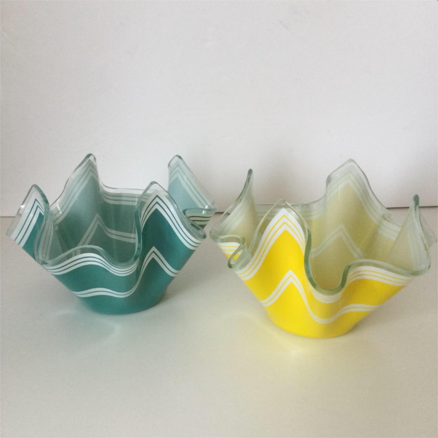 Pair of Vintage Yellow Aqua Green Chance Bros Glass Handkerchief Vases / bowls Bandel-2