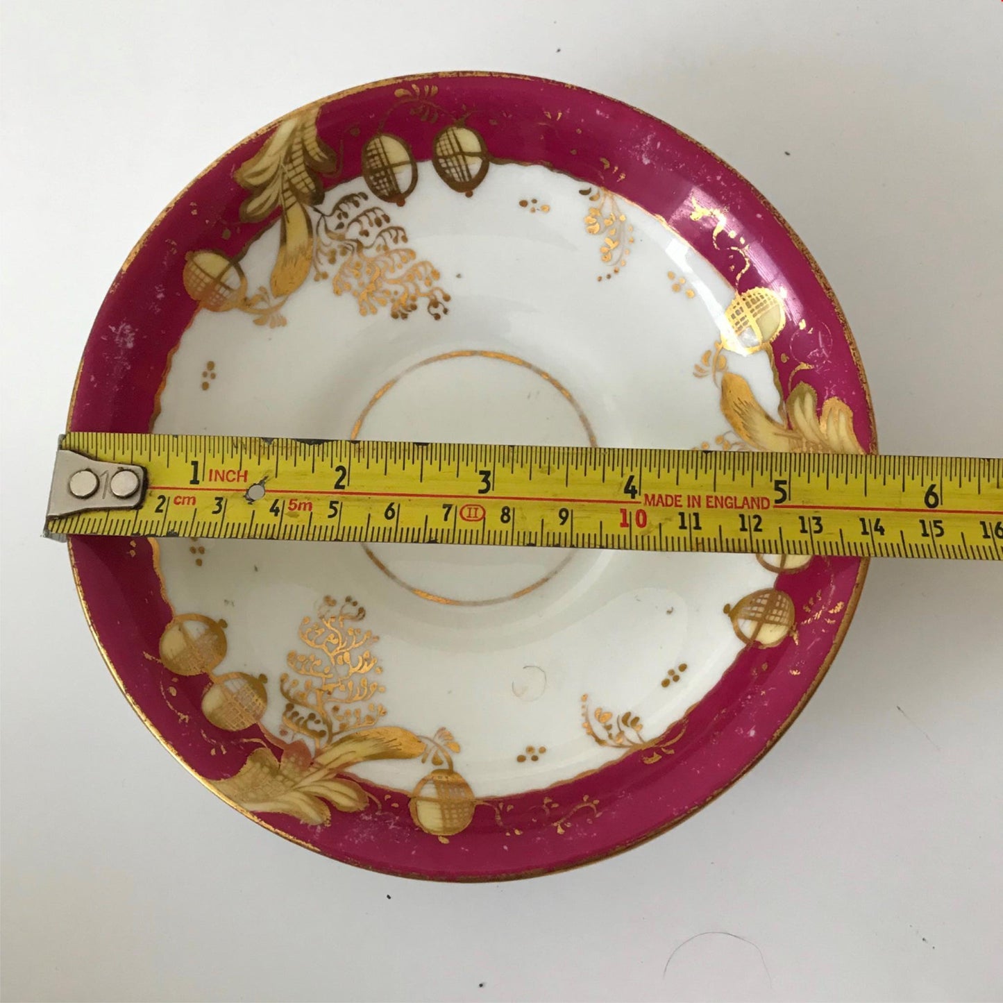 Festive bone china spare saucer, soap dish, Christmas deep pink & gold c.1920s