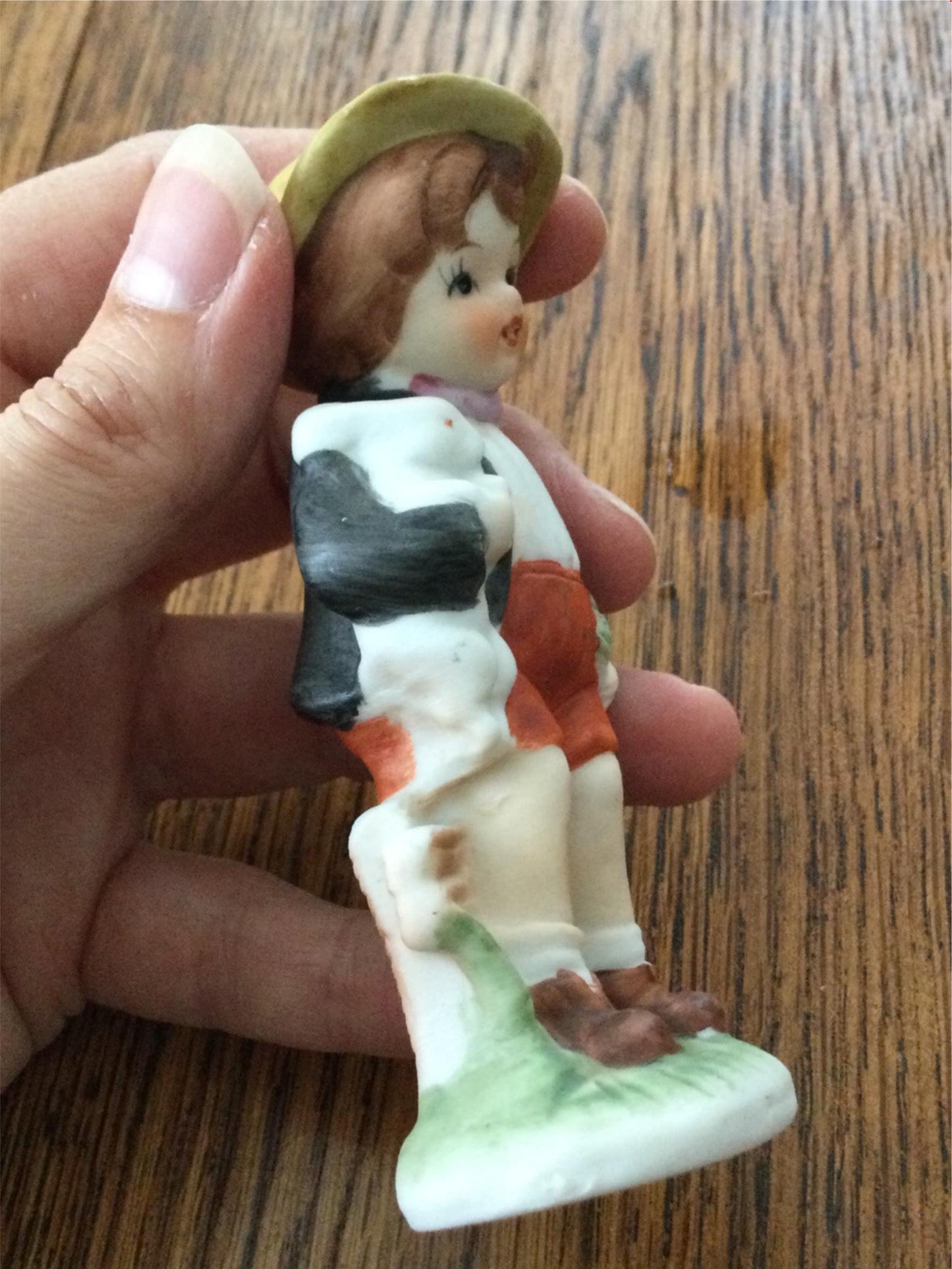 Vintage Ceramic Figurine / Ornament - Cute country boy with rabbit - Retro Kitsch