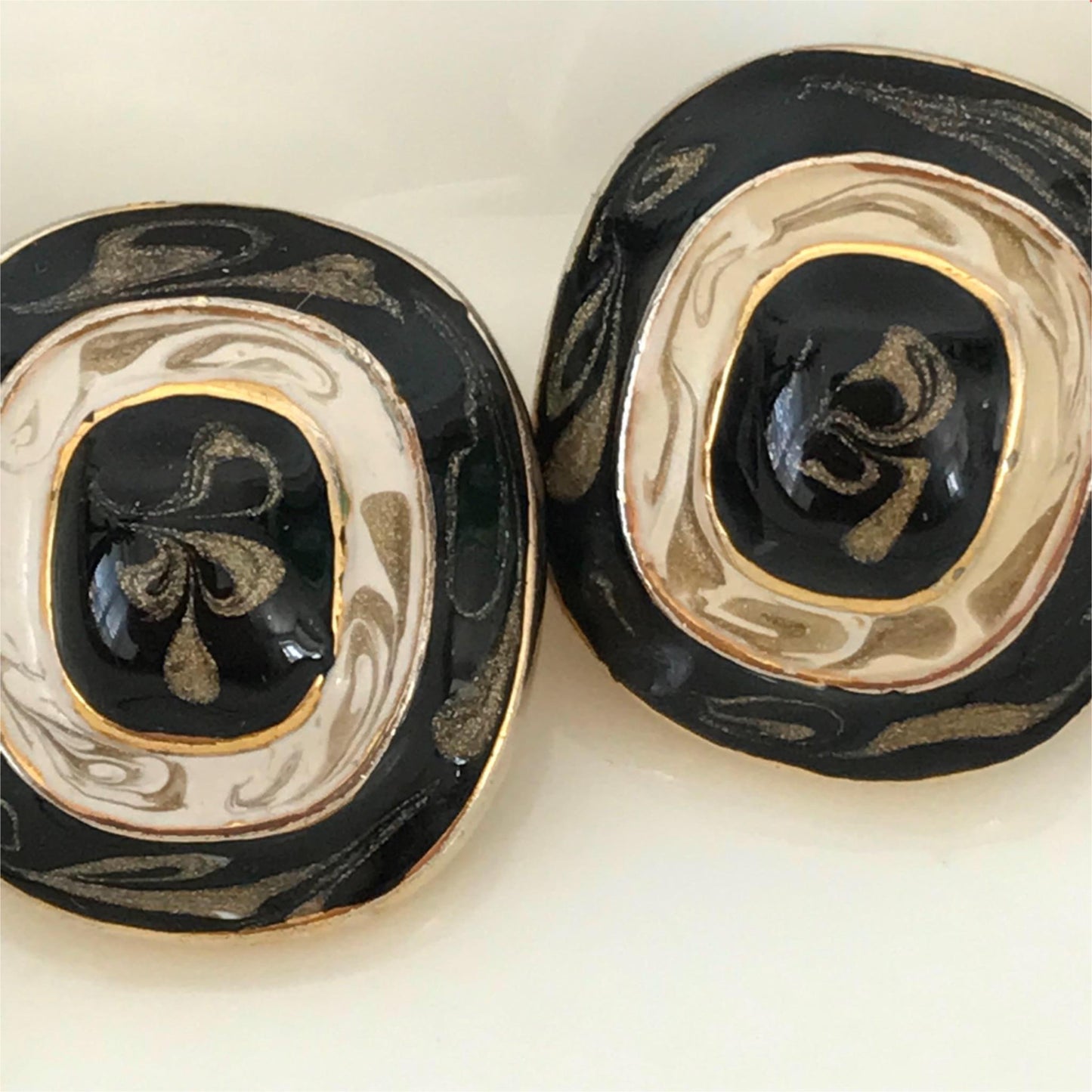 Vintage Clip-On Earrings - Statement - Gold colour with black & cream enamel - bold - chunky