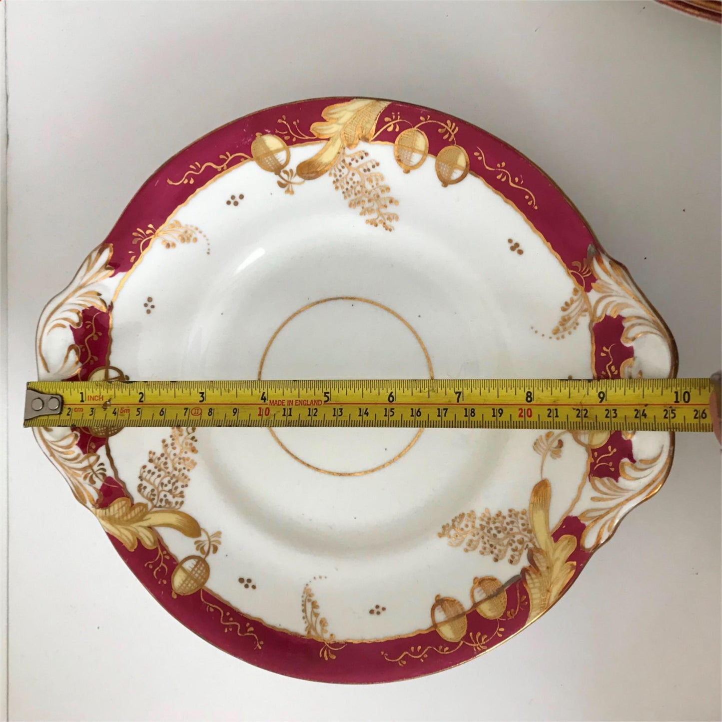 Festive bone china plate small platter Christmas Deep burgundy / pink & gold c.1920s 9” serving plate
