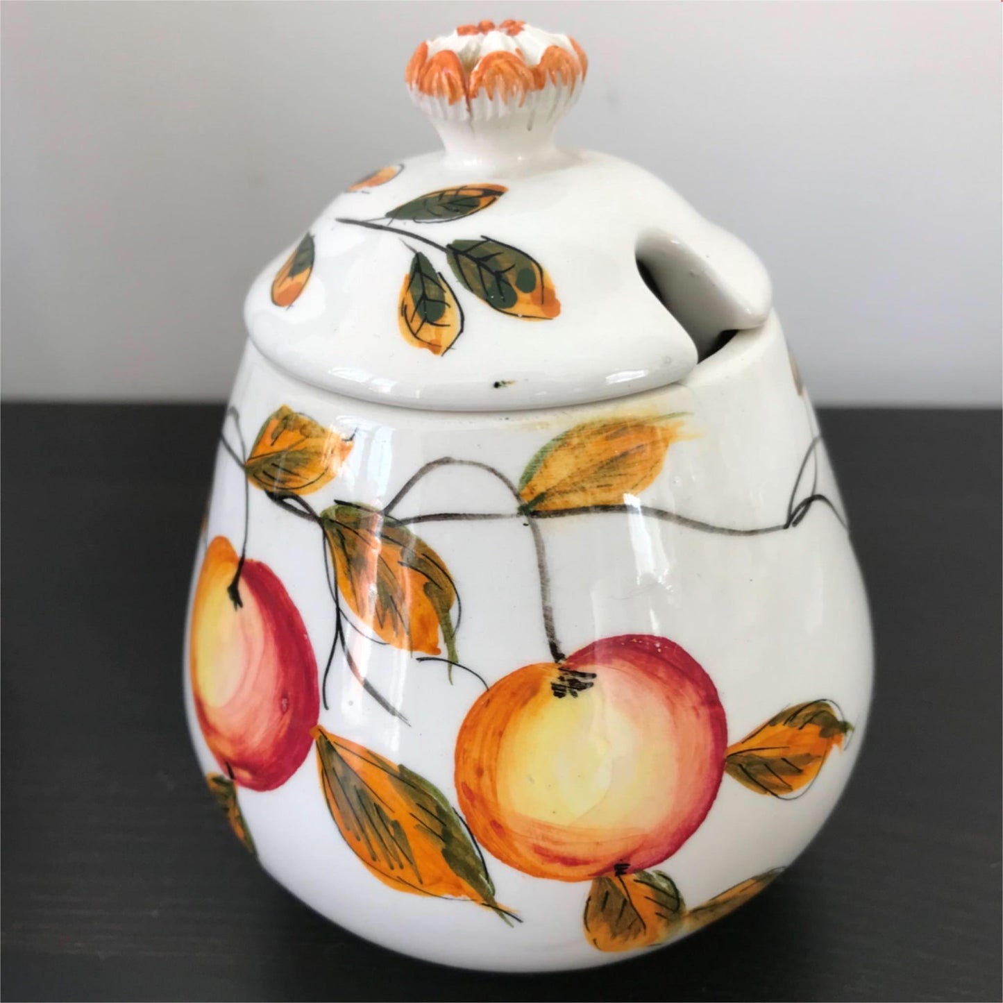 Vintage Italian ceramic pottery lidded jam pot. Apple design. Retro, painted Rustic