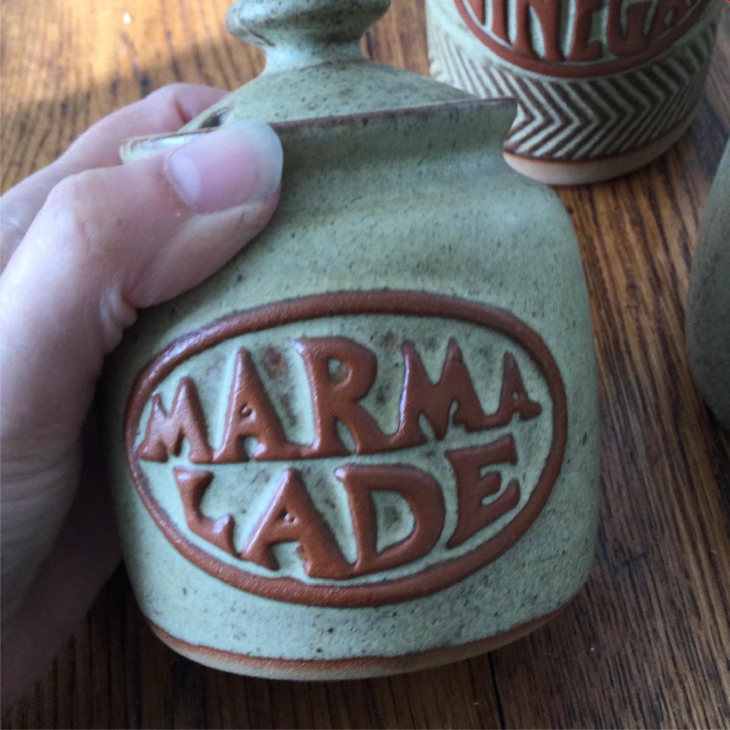 Set of 3 retro POTTERY storage jars jugs pots VINEGAR MARMALADE JAM KITCHEN
