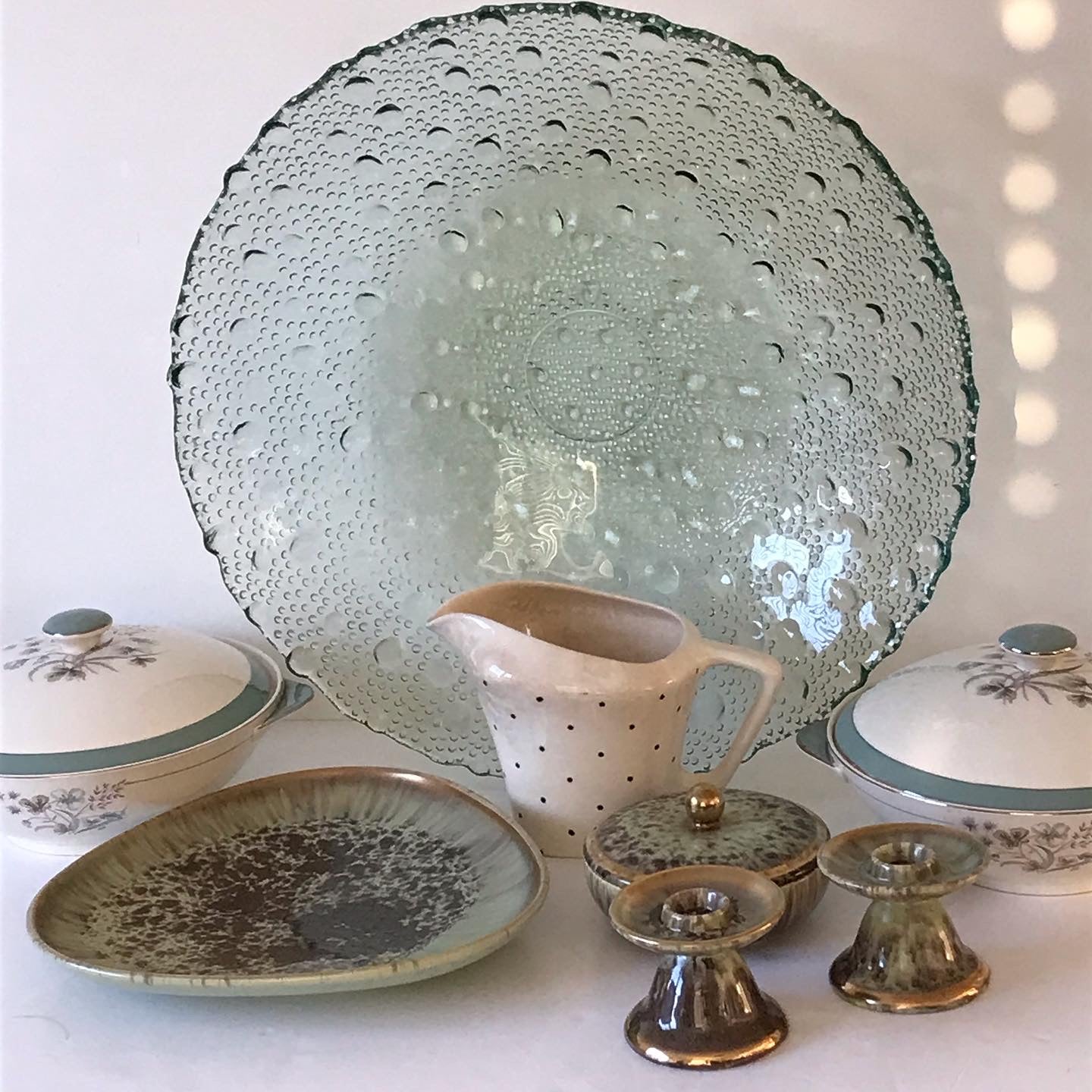 West German mid century 1950s vanity set JASBA tray, trinket dish, candle sticks for dressing table