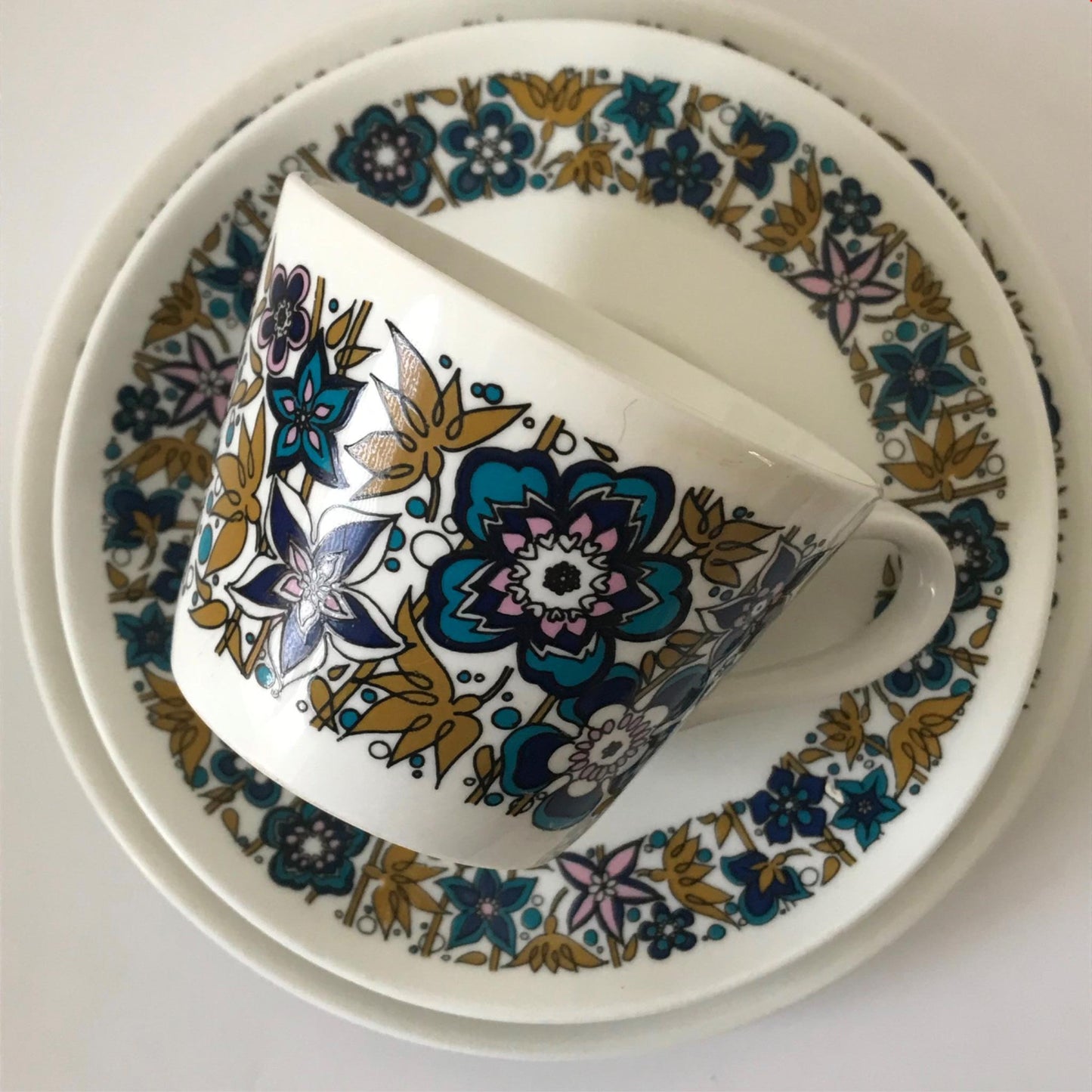 A pair of 1970s retro trios - cups, saucers & side plates ROYAL TUSCAN NOCTURNE Autumnal