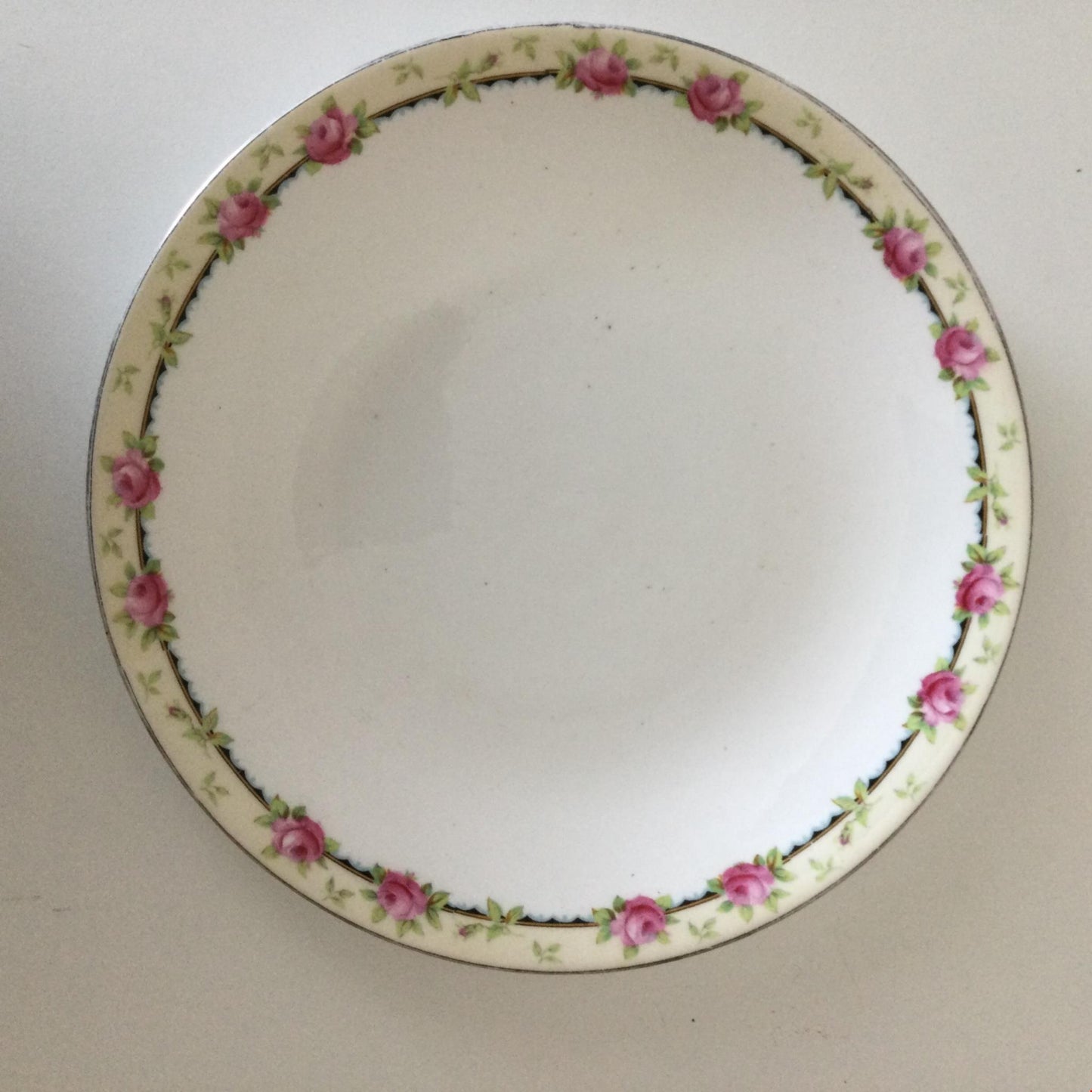 Vintage 9” dessert plate Aynsley pink rose design yellow band A 3852 6 floral