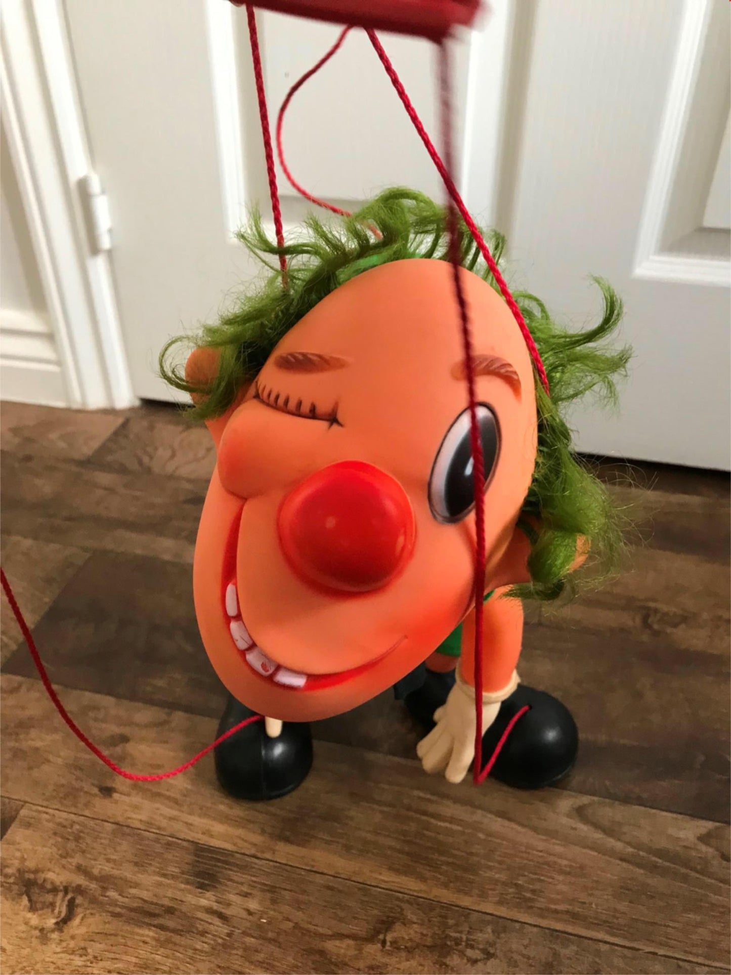 CLOWN PUPPET Retro kitsch funny. Spanish. FARMI. Plastic, stooping, grinning