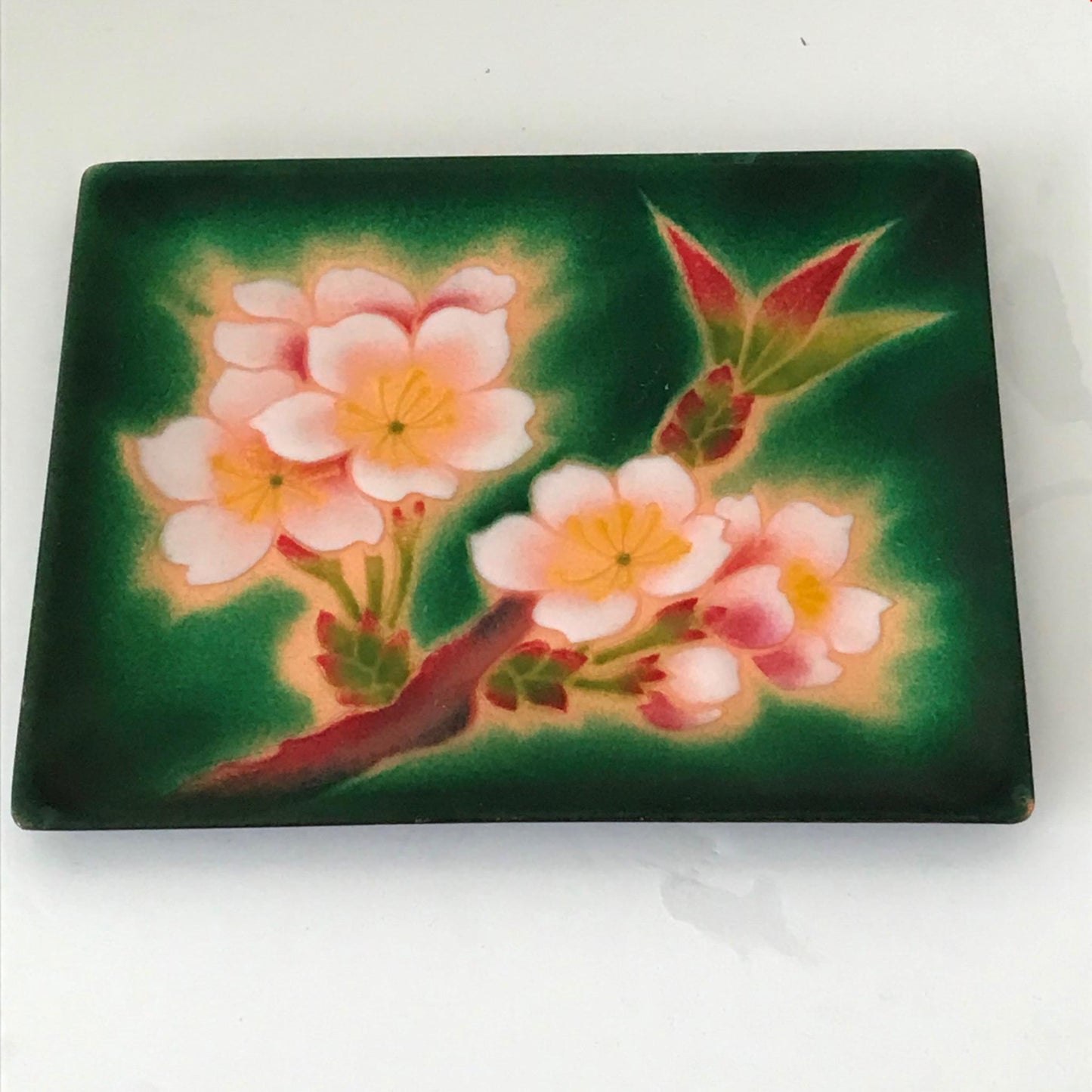 Multicoloured art glass ornament / trinket dish / oblong plate flowers blossom. Green and pink