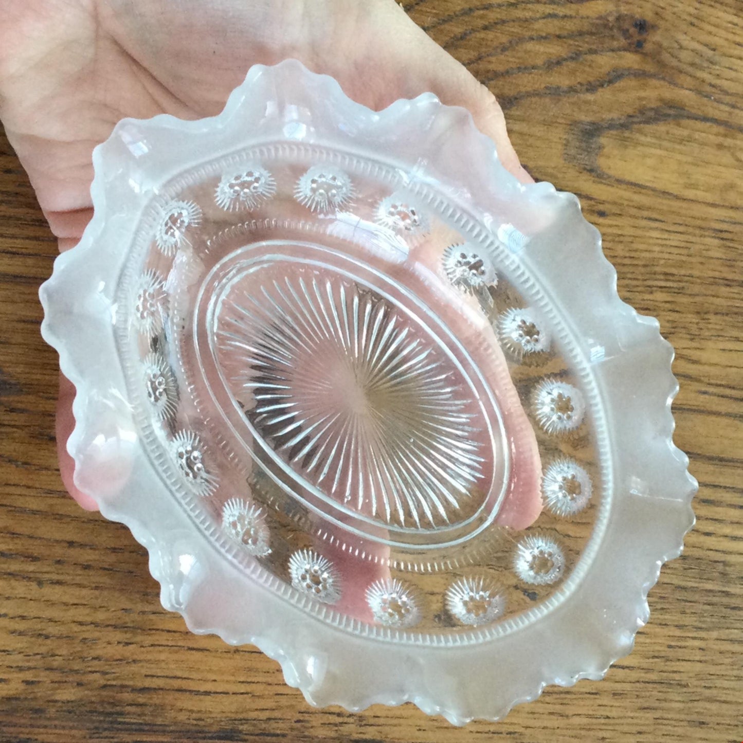 Vintage pressed glass trinket dish small bowl fluted edge, sand blasted
