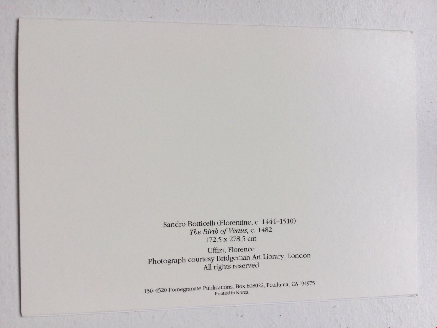 BOTTICELLI THE BIRTH OF VENUS c1482 Blank Card, No Envelope
