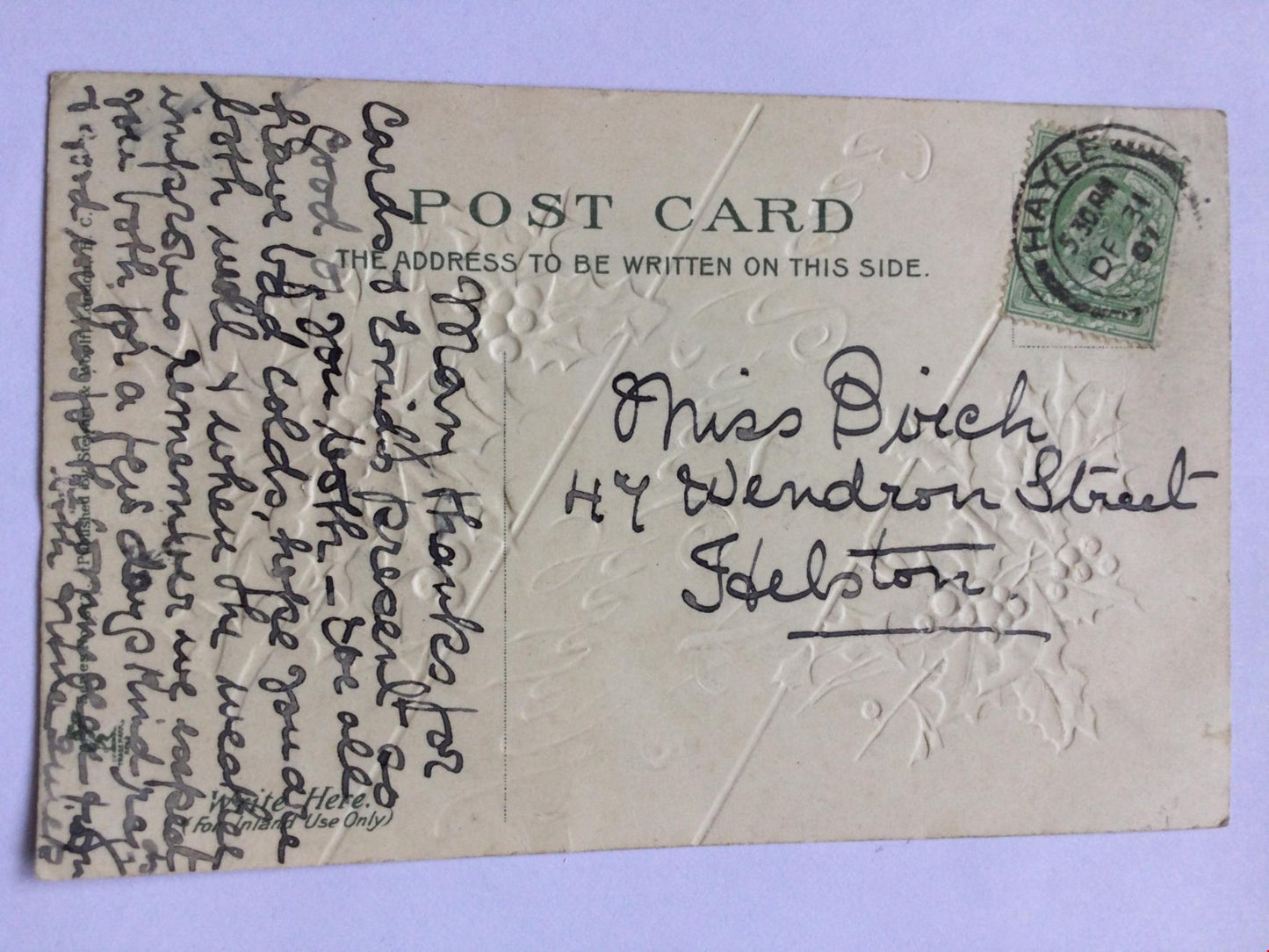 HAPPY NEW YEAR ANTIQUE Edwardian Greetings Postcard EMBOSSED HOLLY POSTED