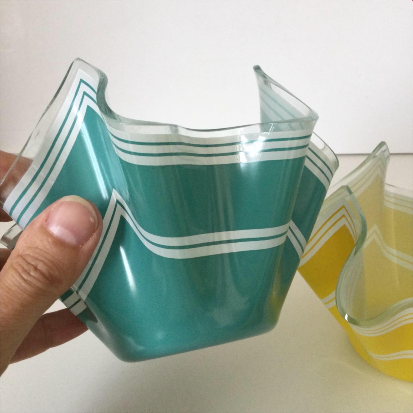 Pair of Vintage Yellow Aqua Green Chance Bros Glass Handkerchief Vases / bowls Bandel-2