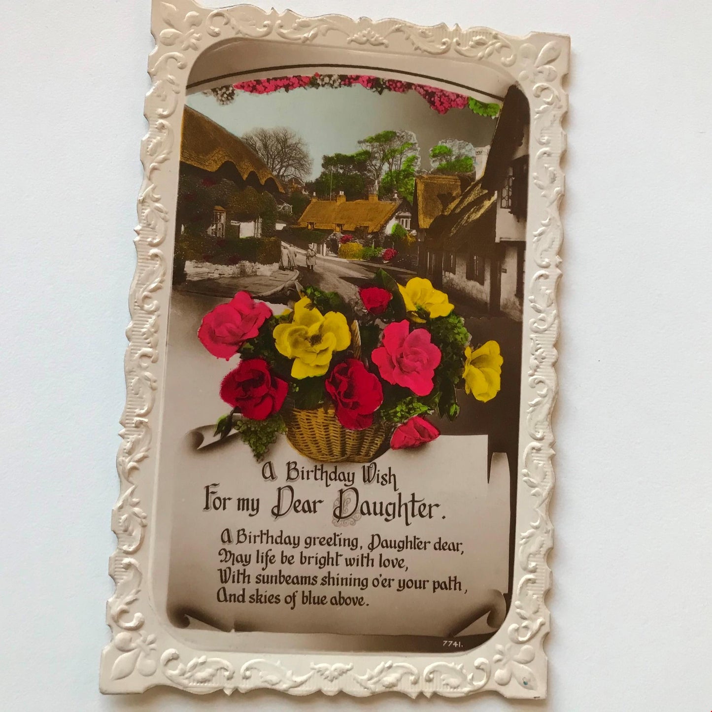 Vintage HAPPY BIRTHDAY DAUGHTER Greetings Postcard RP tinted flowers village