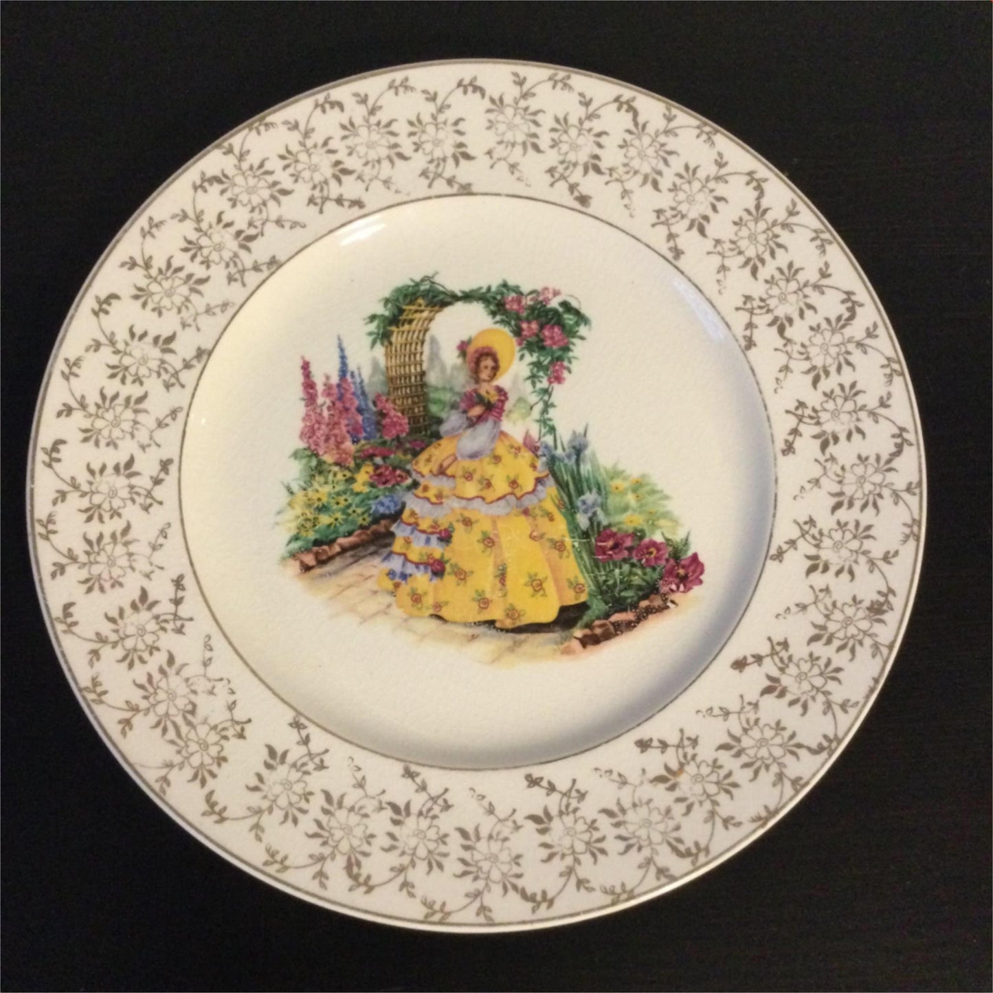 VINTAGE Kirklands Etruria Embassy Ware Plate Yellow Crinoline Lady in Garden
