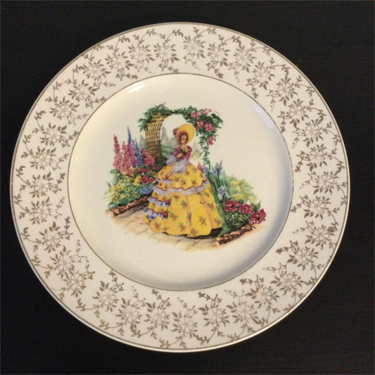 VINTAGE Kirklands Etruria Embassy Ware Plate Yellow Crinoline Lady in Garden