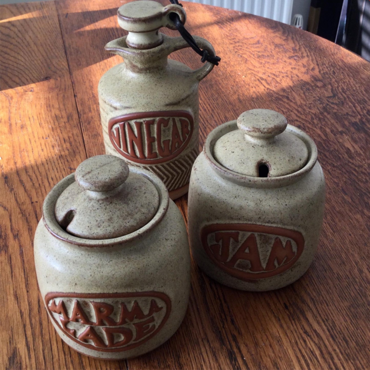 Set of 3 retro POTTERY storage jars jugs pots VINEGAR MARMALADE JAM KITCHEN