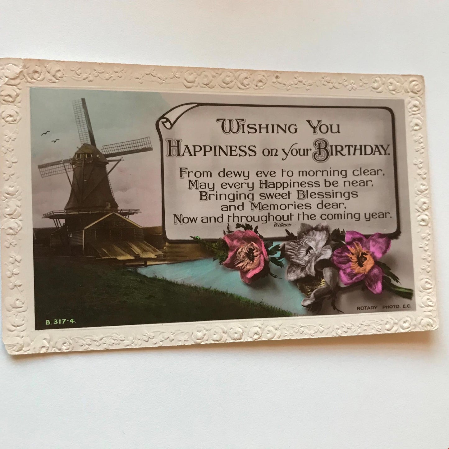 Vintage BIRTHDAY Greetings Postcard photo windmill anemones flowers pretty poem