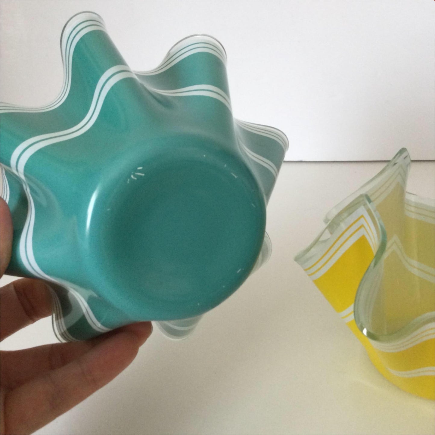 Pair of Vintage Yellow Aqua Green Chance Bros Glass Handkerchief Vases / bowls Bandel-2