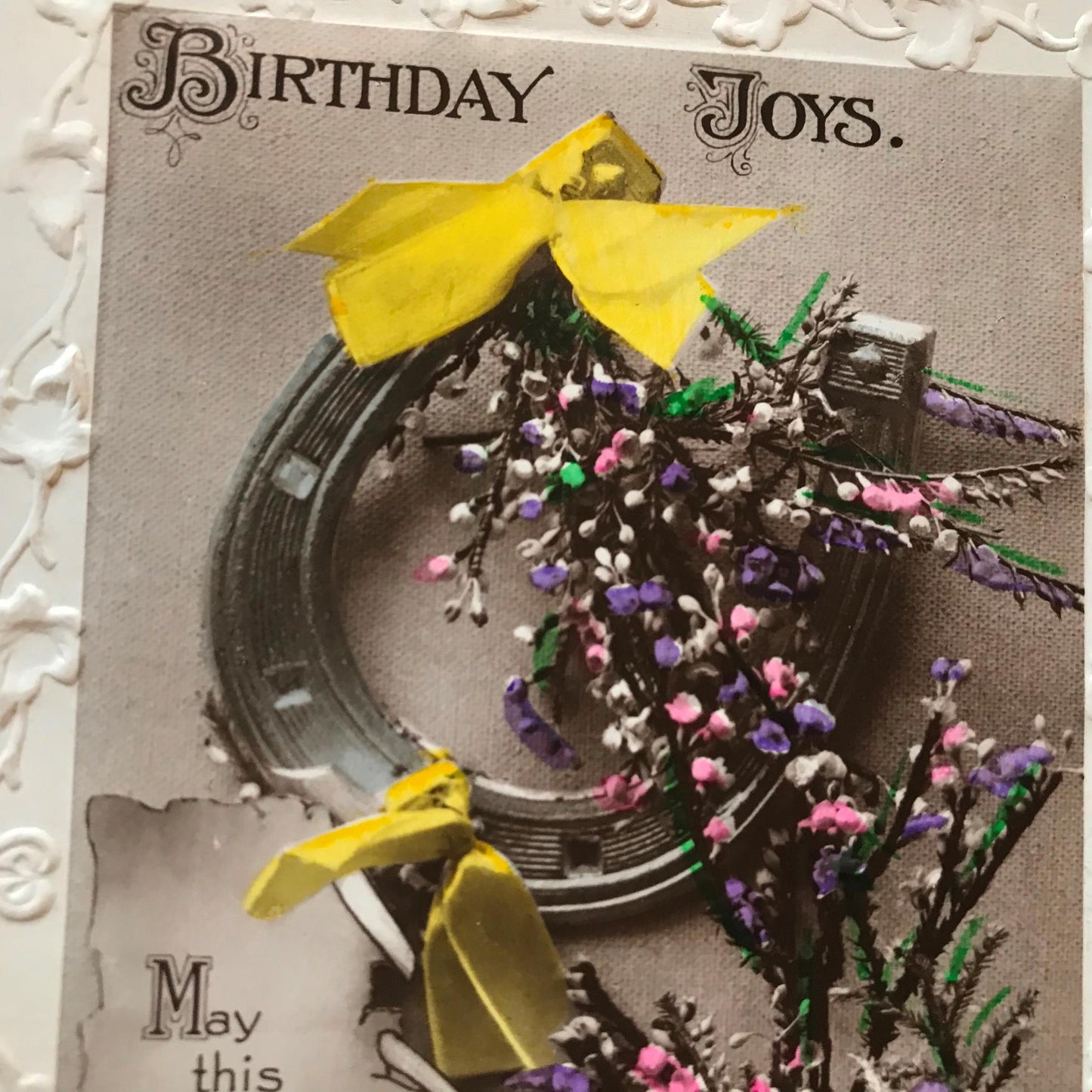 Vintage BIRTHDAY Greetings Postcard photo lucky horseshoe heather hand tinted