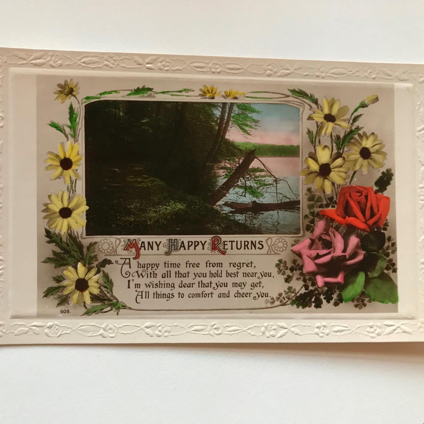Vintage BIRTHDAY Greetings Postcard 1923 1920s pretty flowers, lake scene, poem