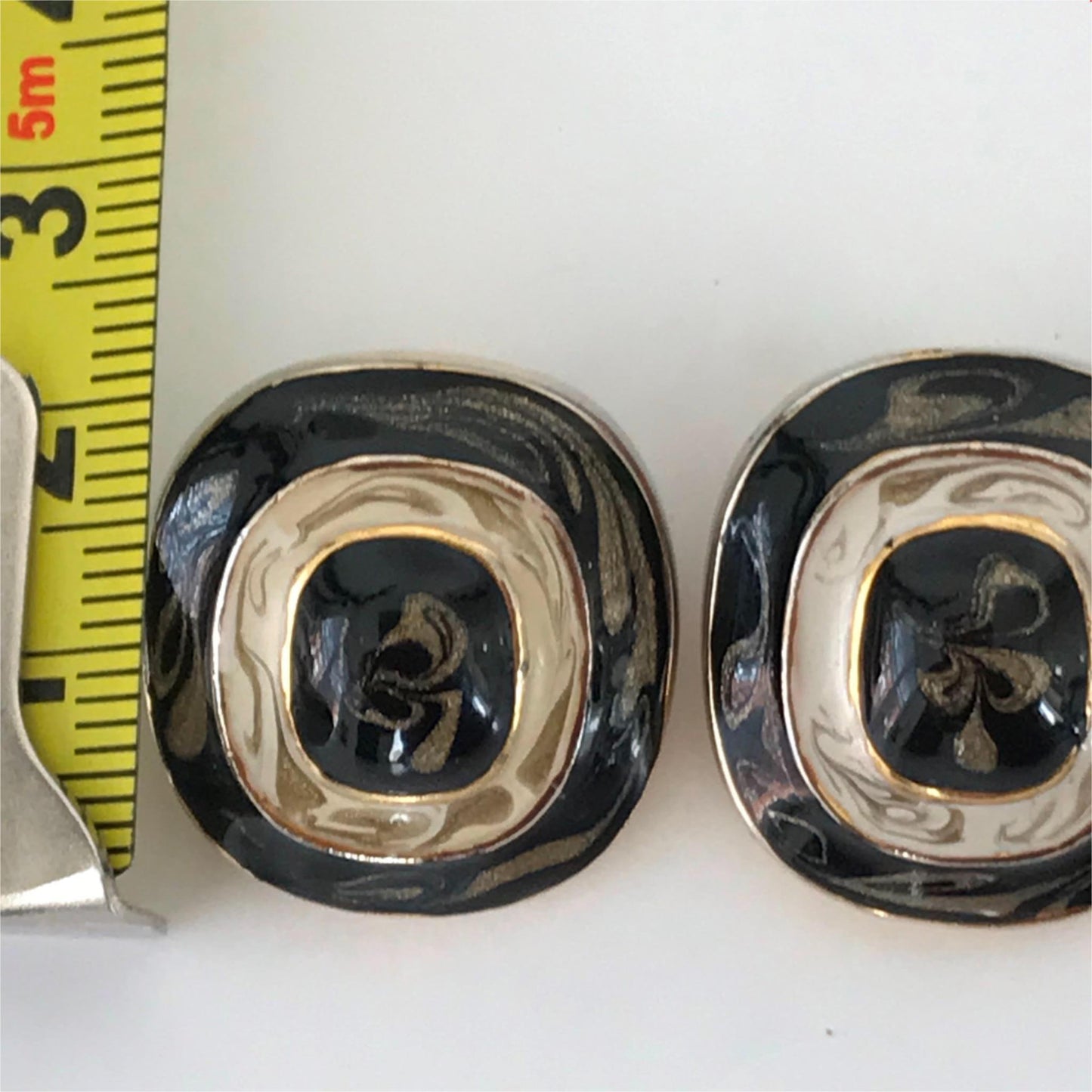 Vintage Clip-On Earrings - Statement - Gold colour with black & cream enamel - bold - chunky