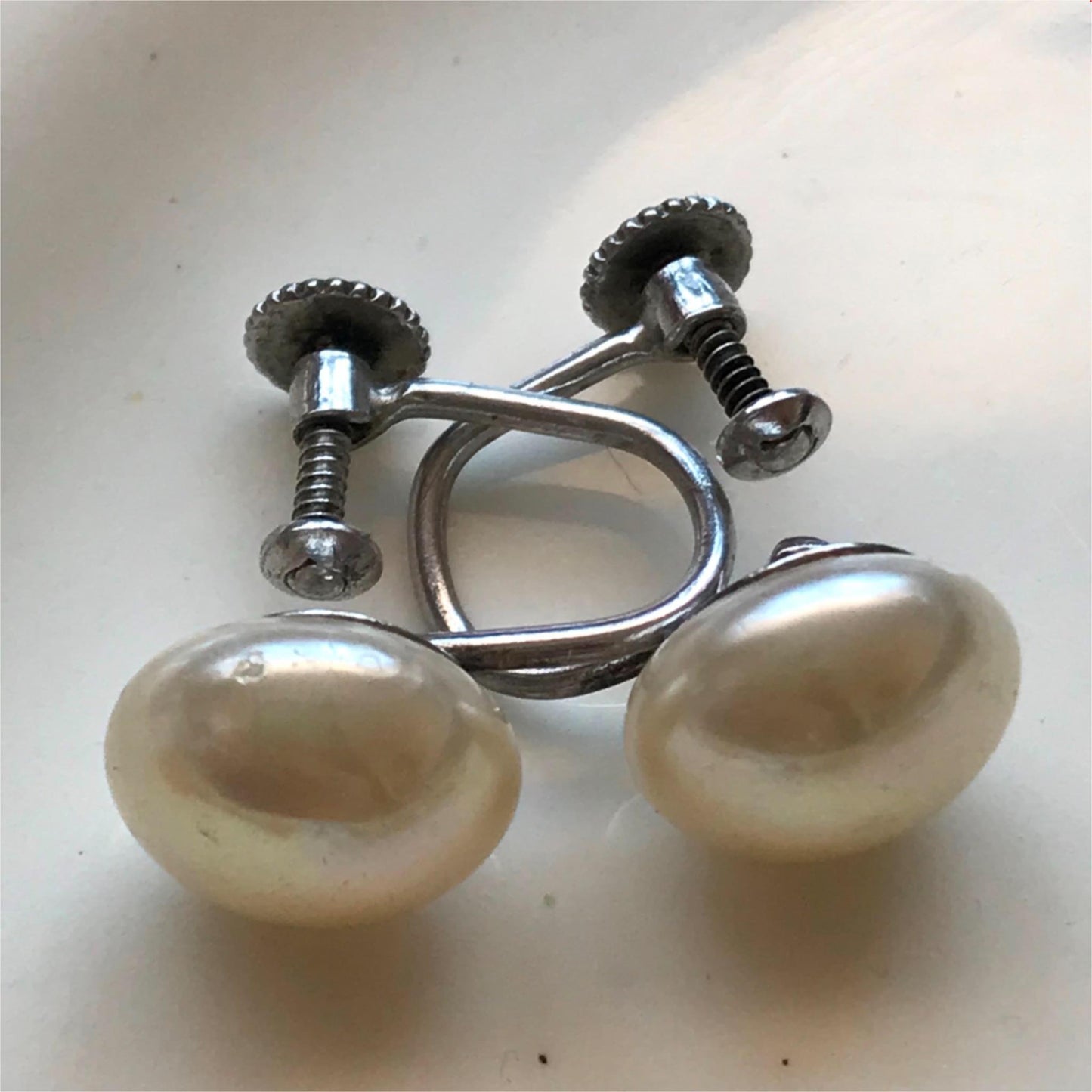 Vintage Sterling Silver Simulated Pearl Button Stud Earrings - Screw back classic non-pierced / clip on
