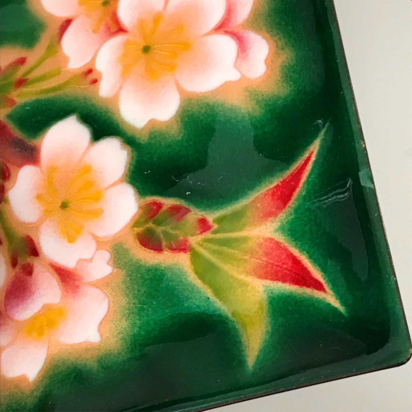 Multicoloured art glass ornament / trinket dish / oblong plate flowers blossom. Green and pink