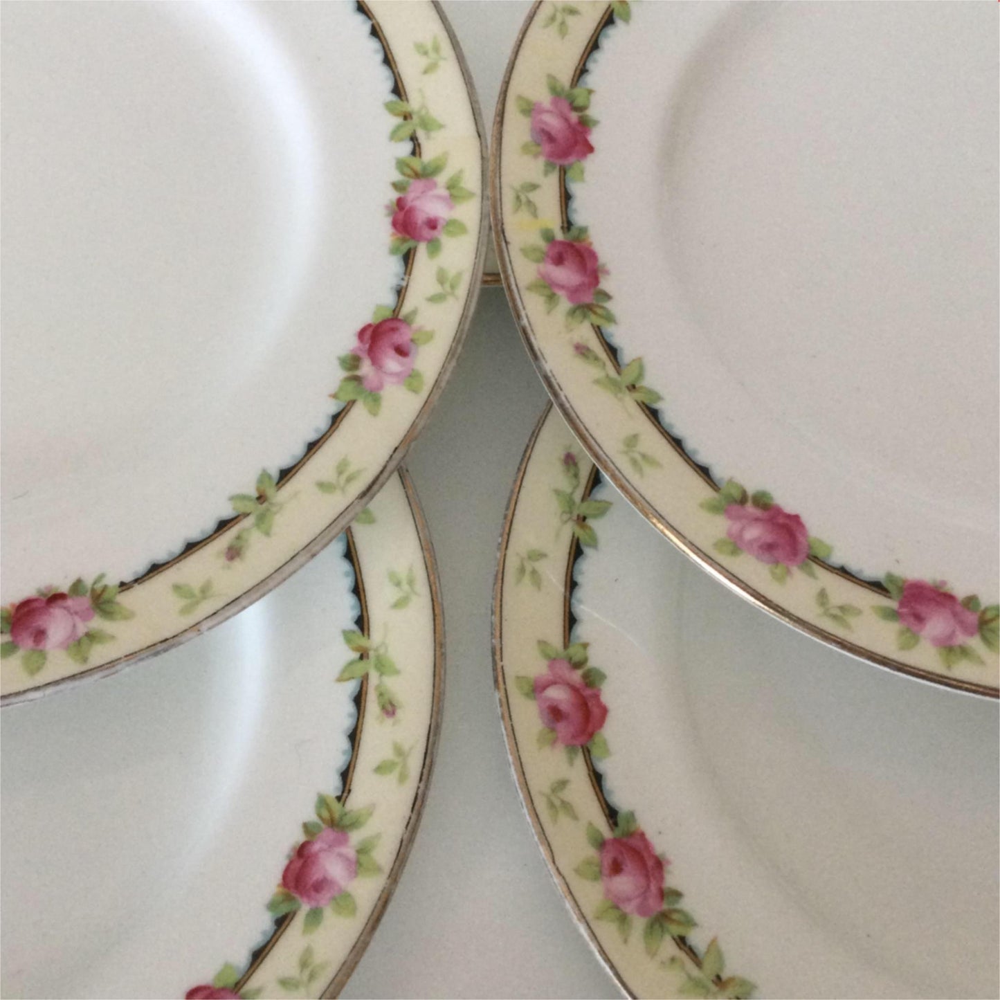 Set of 8 Vintage 18cm side plates Aynsley pink rose design yellow band A 3852