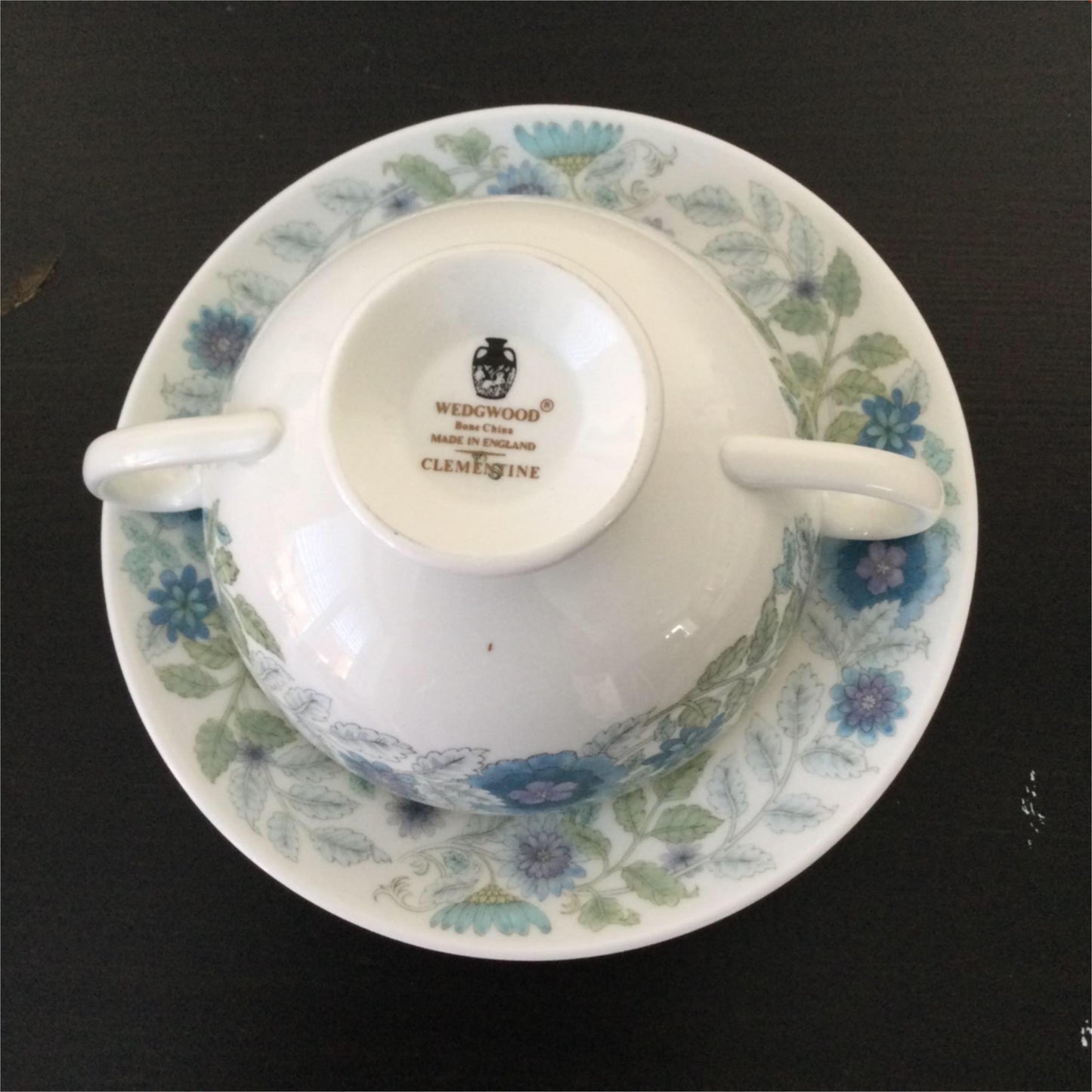 Retro starter course soup bowl & saucer 1970s 1980s Wedgwood Clementine blue white lilac green hot chocolate bowl