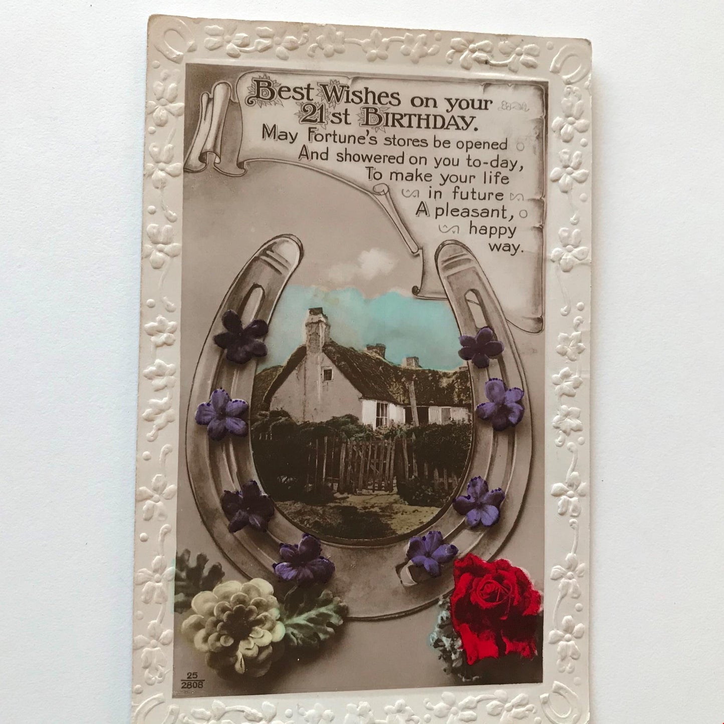 Vintage 21st BIRTHDAY Greetings Postcard RP 1928 1920s lucky horseshoe cottage